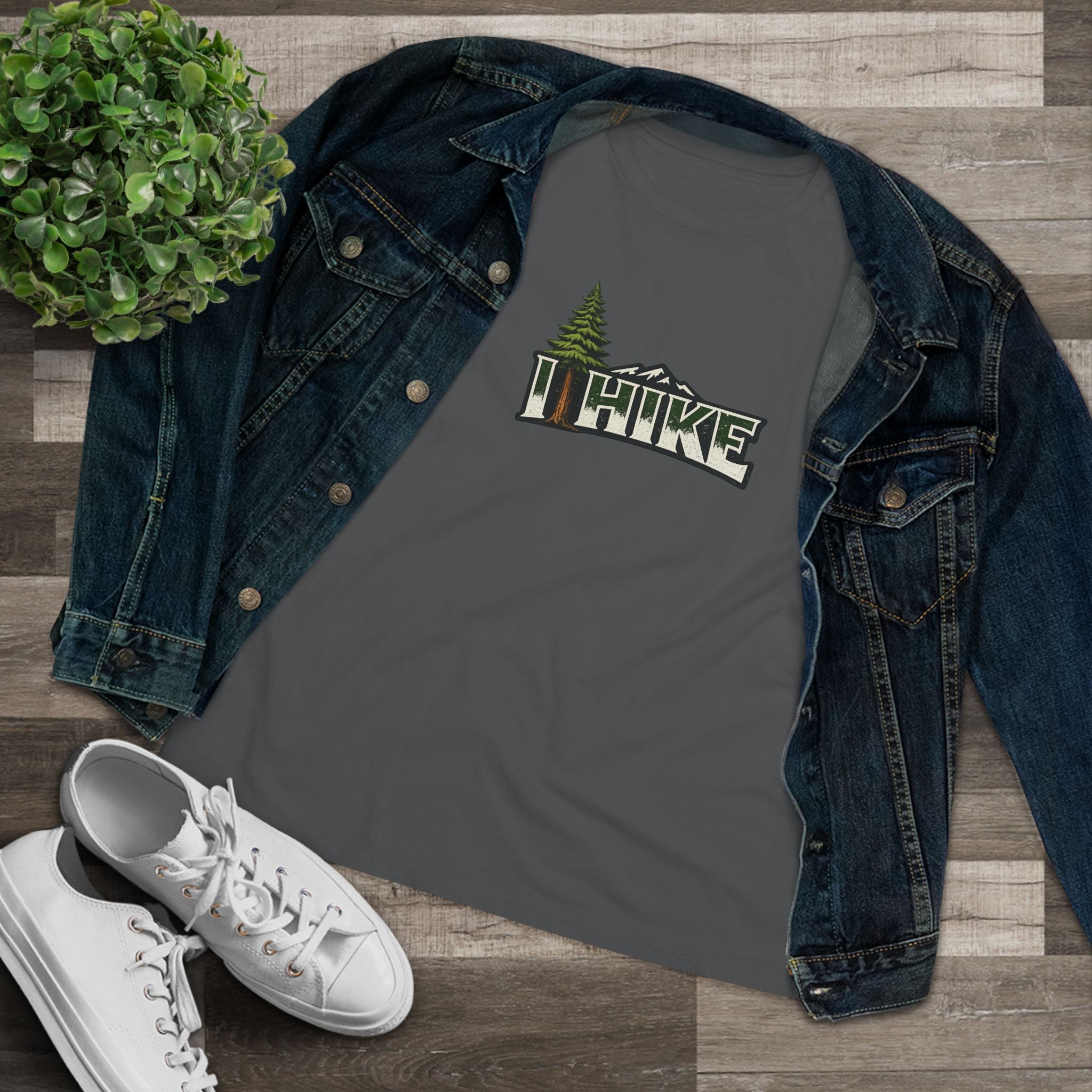Sats and Stripes I Hike Shirt Vintage Mountain Hiking T-Shirt Outdoor Nature Lover Tee Gift for Hikers Grey with Jean Jacket