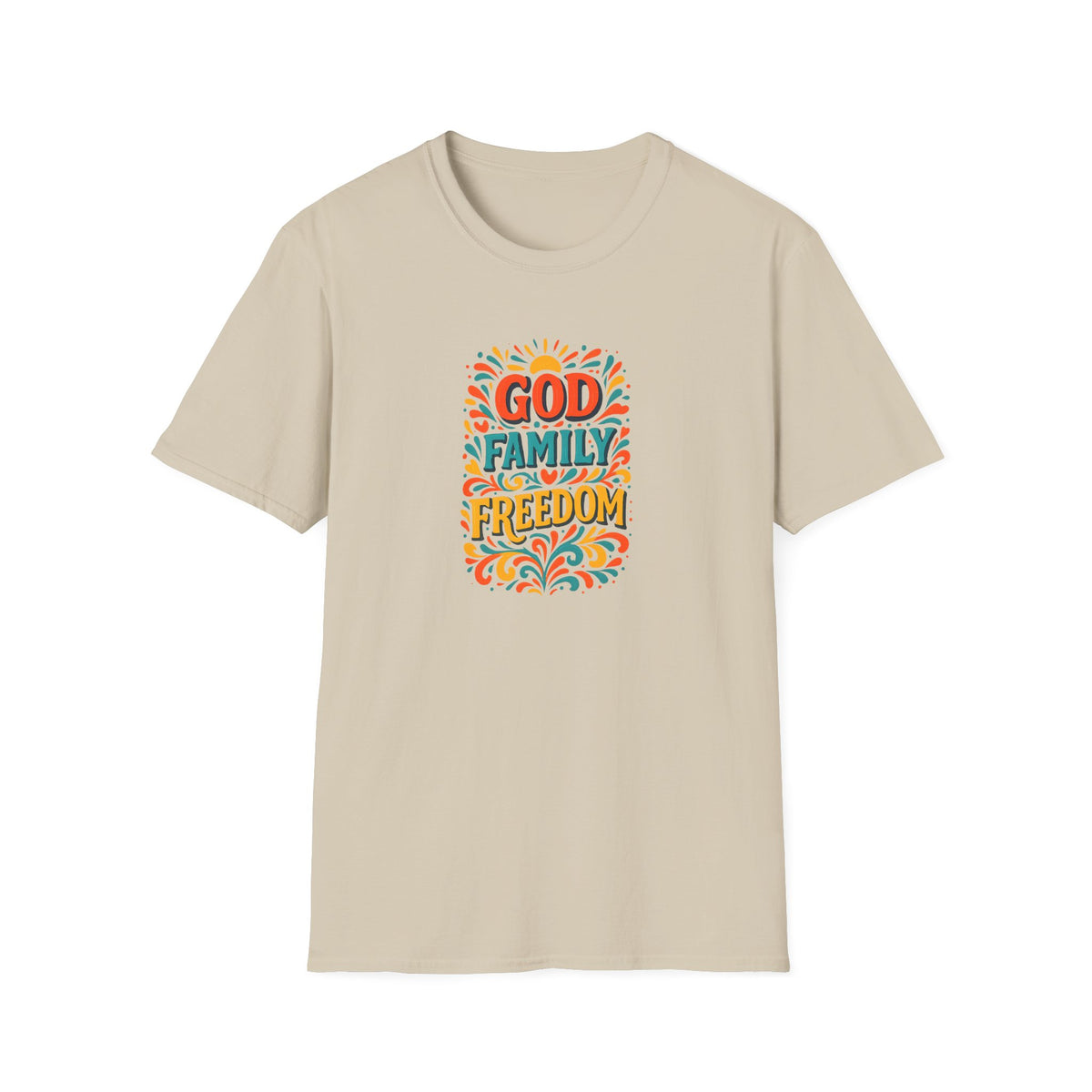SatsandStripes.com God Family Freedom T-Shirt Colorful Religious Tee for Faith & Patriotism Sand