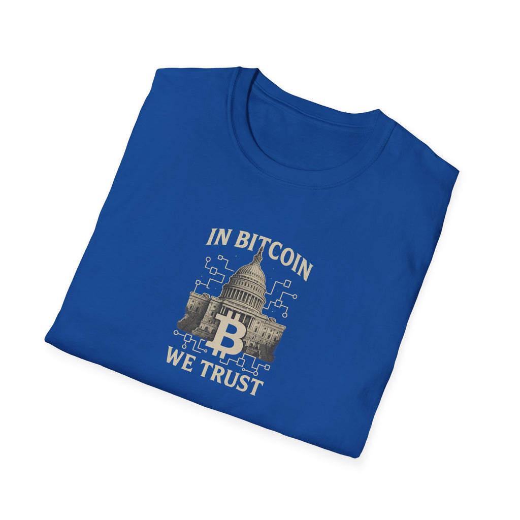 Sats and Stripes In Bitcoin We Trust Political Crypto T-Shirt Capitol Building & Blockchain Graphic Tee Blue Folded