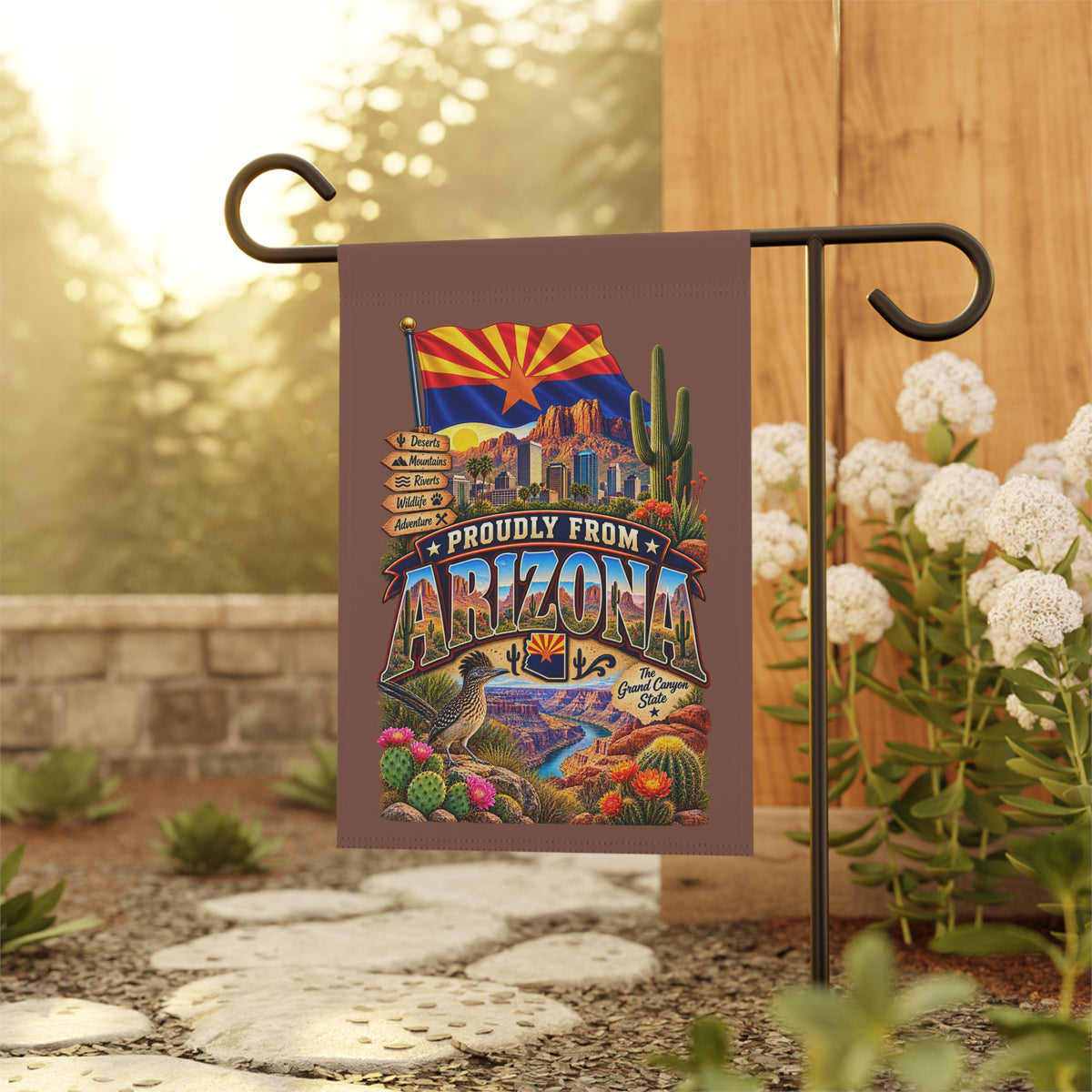 SatsandStripes.com Proudly From Arizona Garden Flag 12 x 18 – Grand Canyon State Desert, Cactus & Roadrunner Yard Decor
