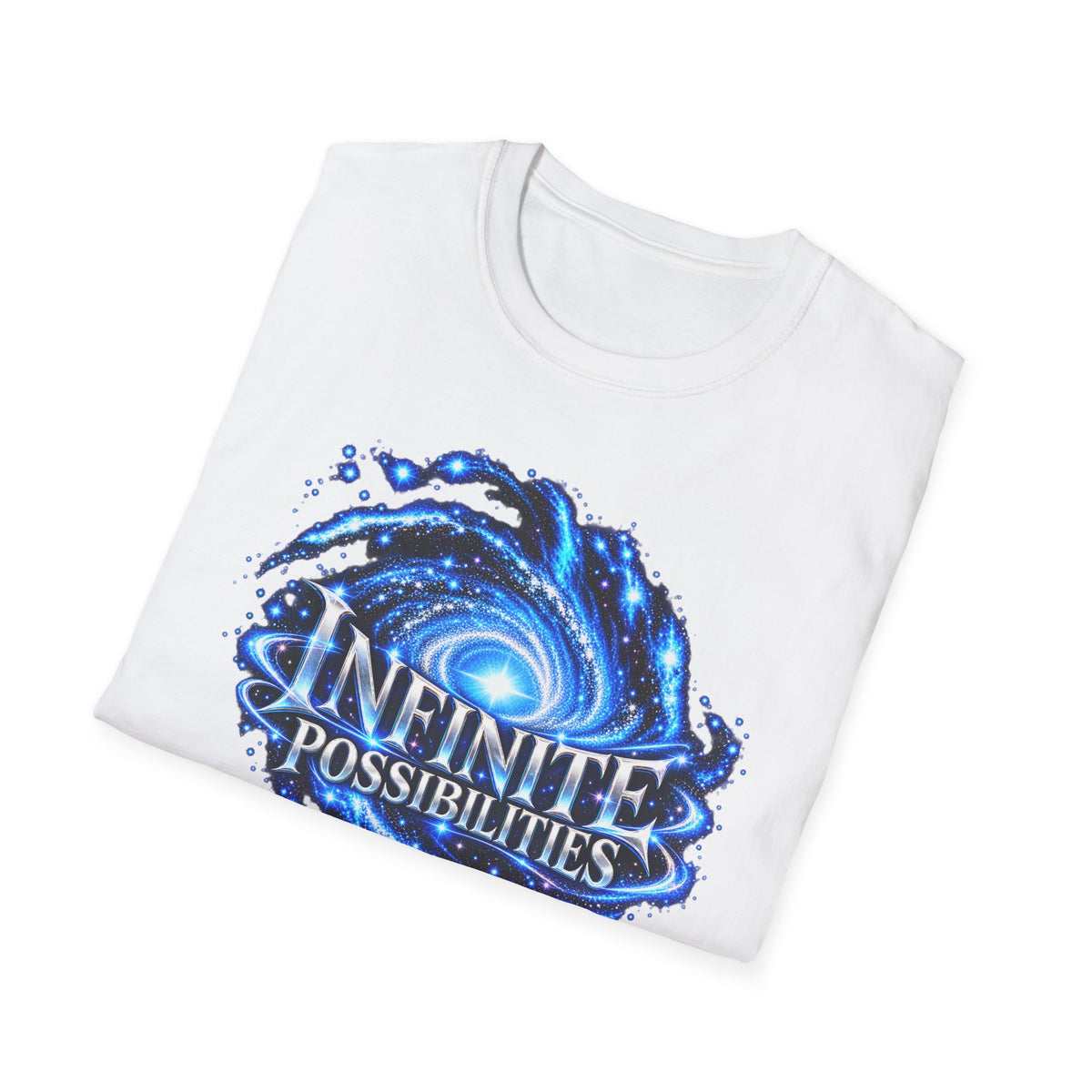 SatsandStripes.com Infinite Possibilities Galaxy Softstyle® T-Shirt – The Universe Has No Limits Neither Do You Tee Inspirational Space Lover Shirt Bold Celestial Streetwear White Folded