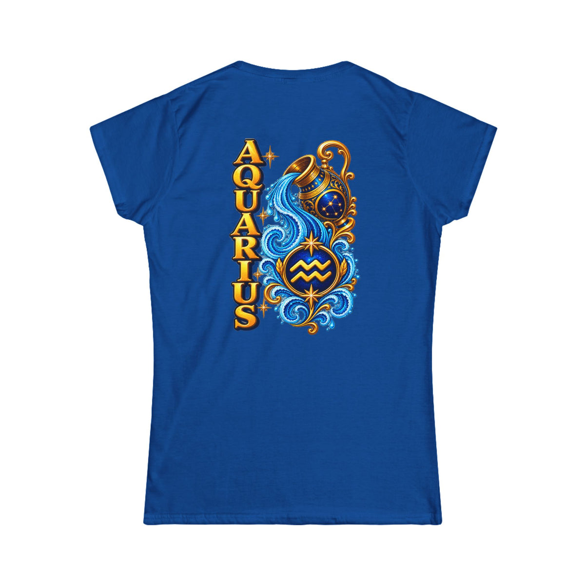 SatsandStripes.com Aquarius Zodiac Women’s SoftStyle T-Shirt – Water Bearer Astrology Tee, Celestial Back Print Shirt Royal Blue