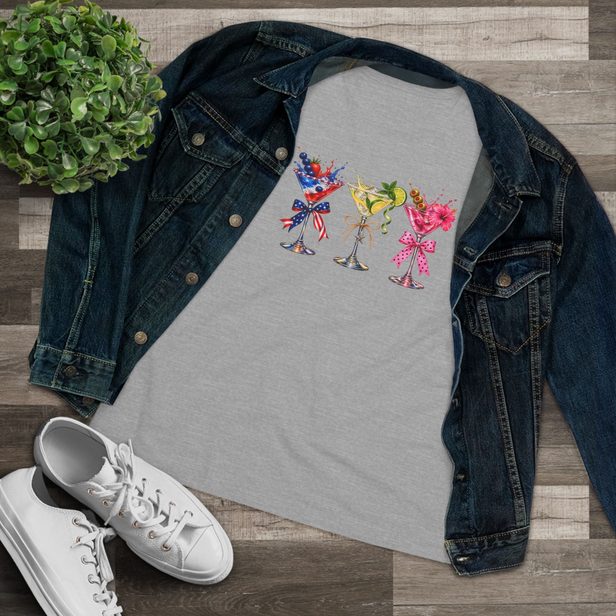 SatsandStripes.com Three Martini Glasses Women's T-Shirt Colorful Cocktail Lover Graphic Tee Grey with Jean Jacket