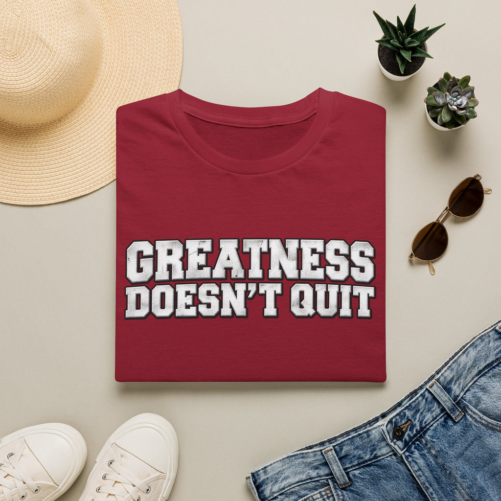 SatsandStripes.com Greatness Doesn’t Quit Softstyle® T-Shirt – Motivational Graphic Tee, Inspirational Shirt, Positive Mindset Gift for Men & Women Cardinal Red Folded