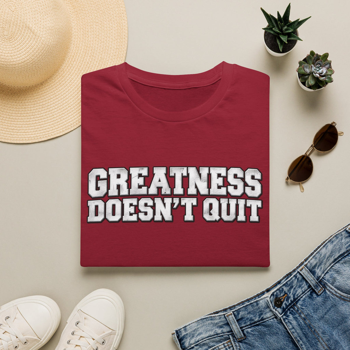 SatsandStripes.com Greatness Doesn’t Quit Softstyle® T-Shirt – Motivational Graphic Tee, Inspirational Shirt, Positive Mindset Gift for Men & Women Cardinal Red Folded