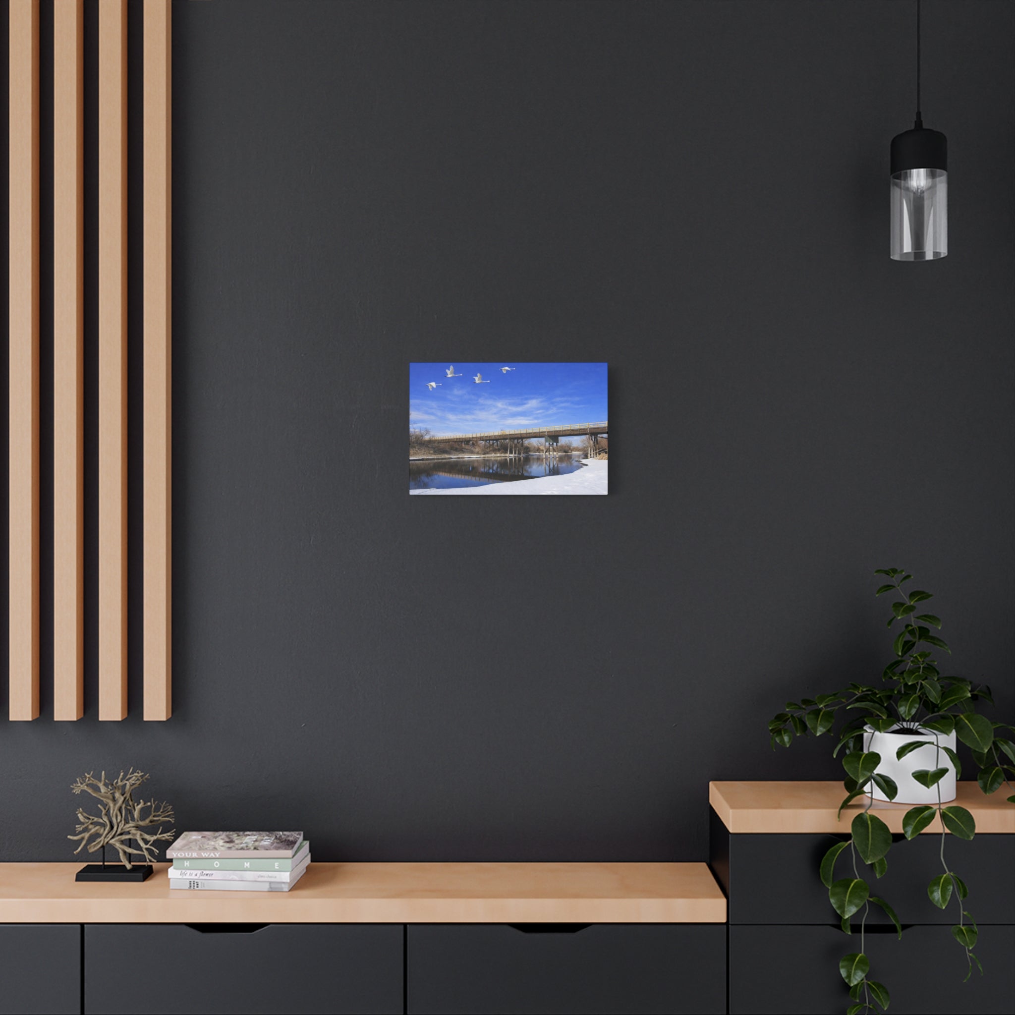 Jackson Bridge Matte Canvas, Stretched 1.25" - Scenic River & White Swans Wall Art - Customizable Nature Landscape Decor - 6 sizes