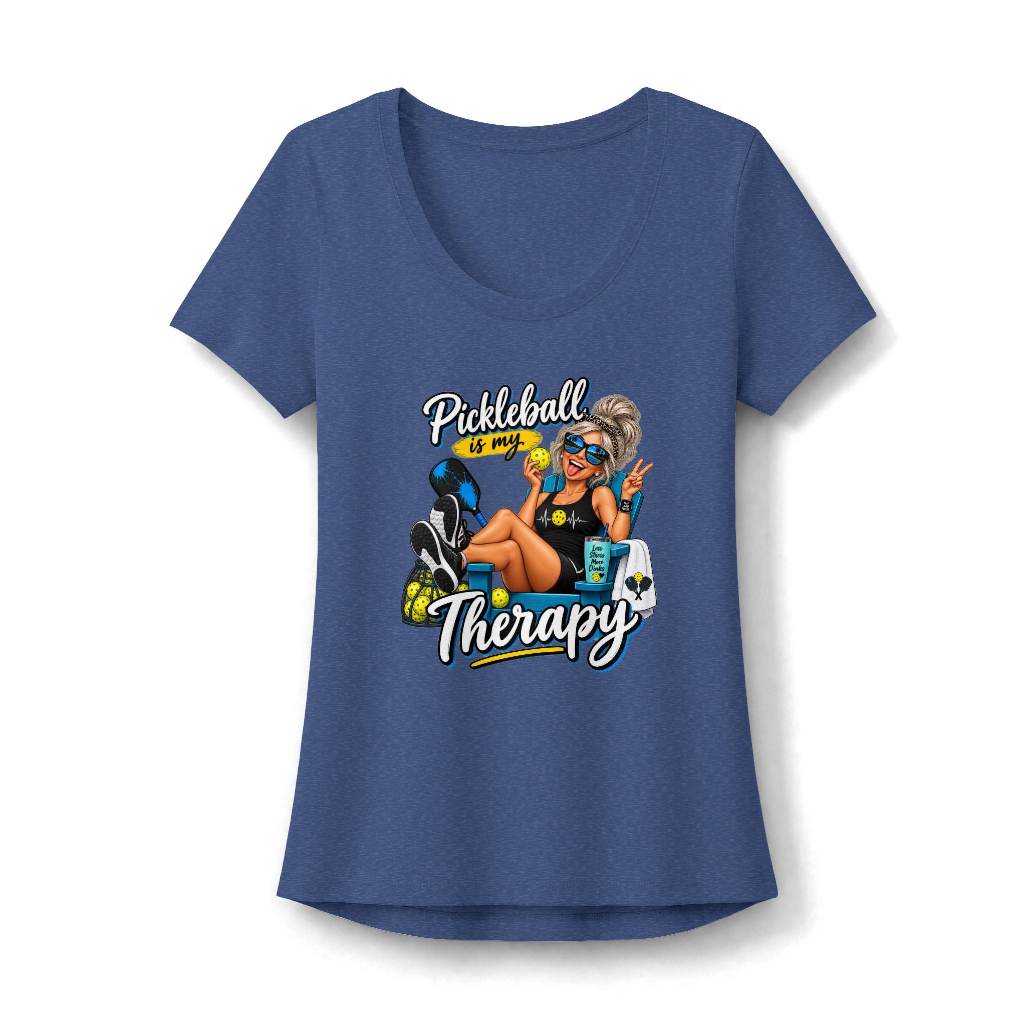 SatsandStripes.com Pickleball Is My Therapy Women’s Flex Scoop Stretch Tee – Funny Pickleball Shirt 3 Colors Cotton/Polyester/Spandex Blend