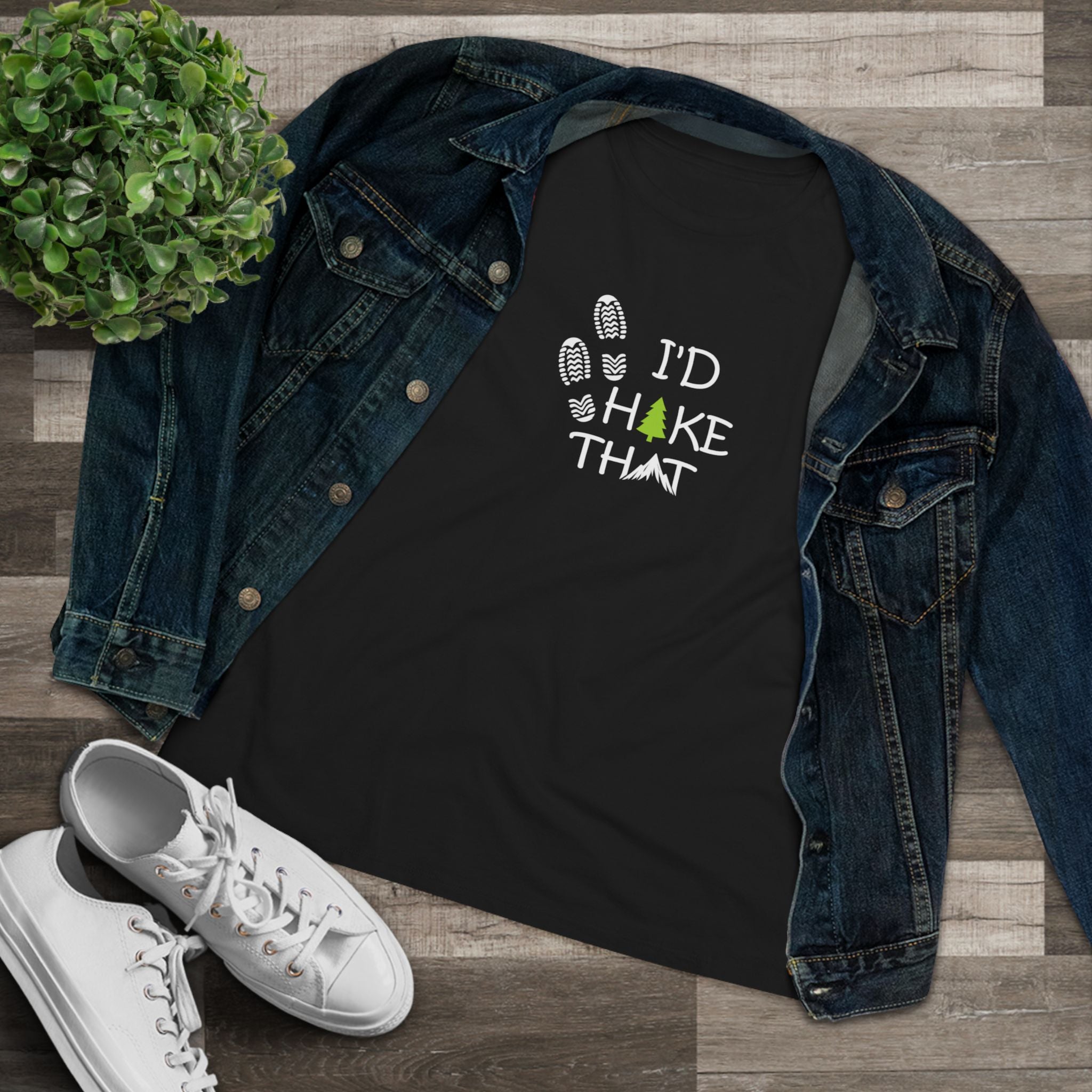 Sats and Stripes I'd Hike That Shirt Women's Hiking Tee Outdoor Nature Lover Gift Trail Lover Tee Back with Jean Jacket
