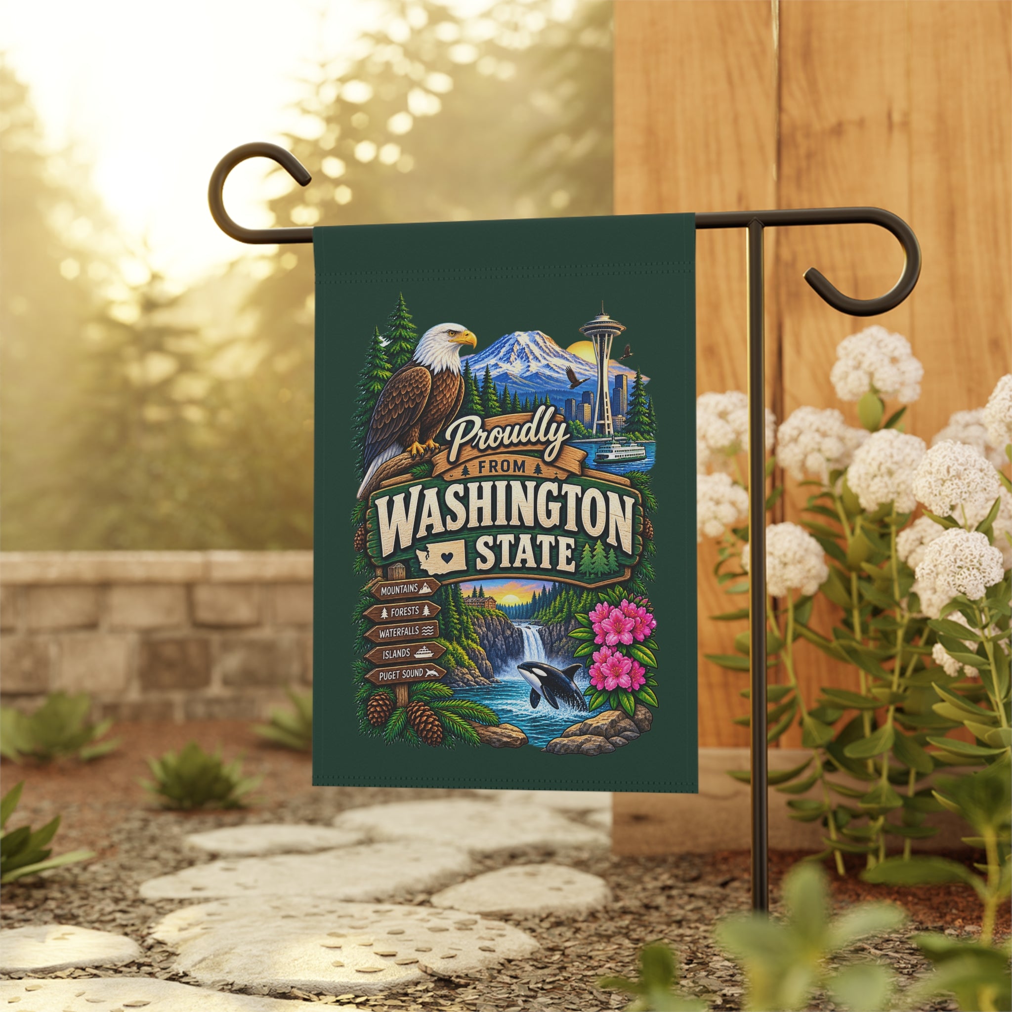 SatsandStripes.com Proudly From Washington State Garden Flag – Pacific Northwest Mountains, Orca & Evergreen Yard Décor 12 x 18
