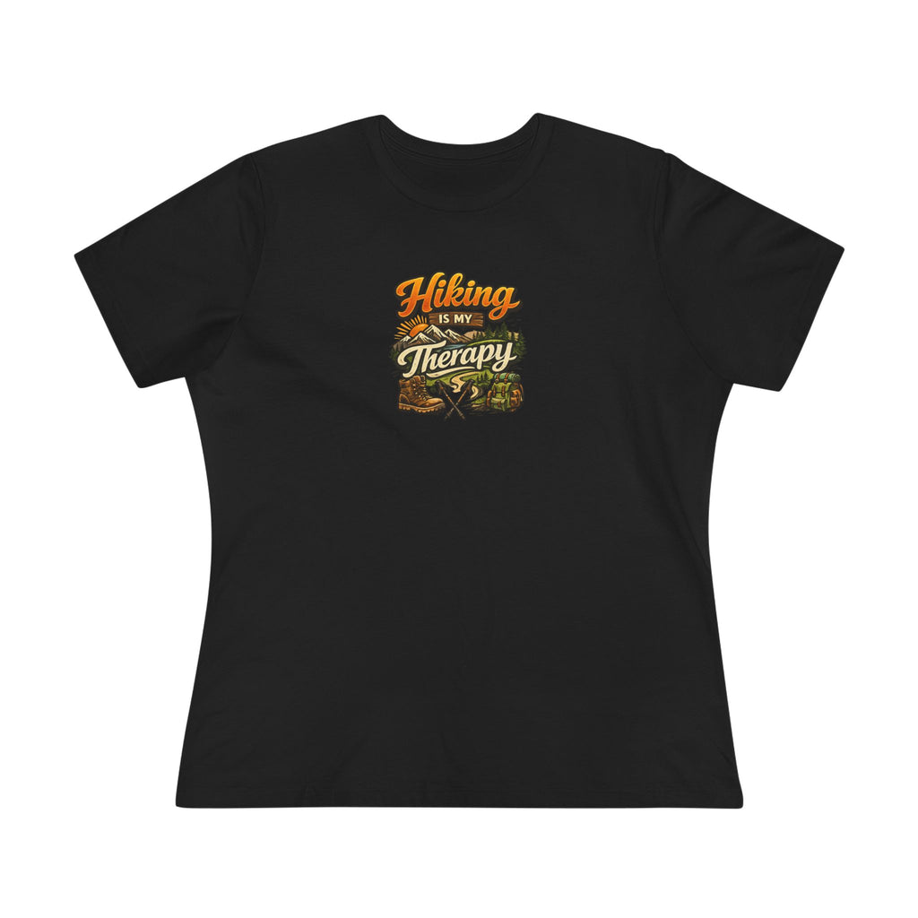 Sats and Stripes Hiking Is My Therapy Women's Shirt Funny Hiking Lover Tee  Black