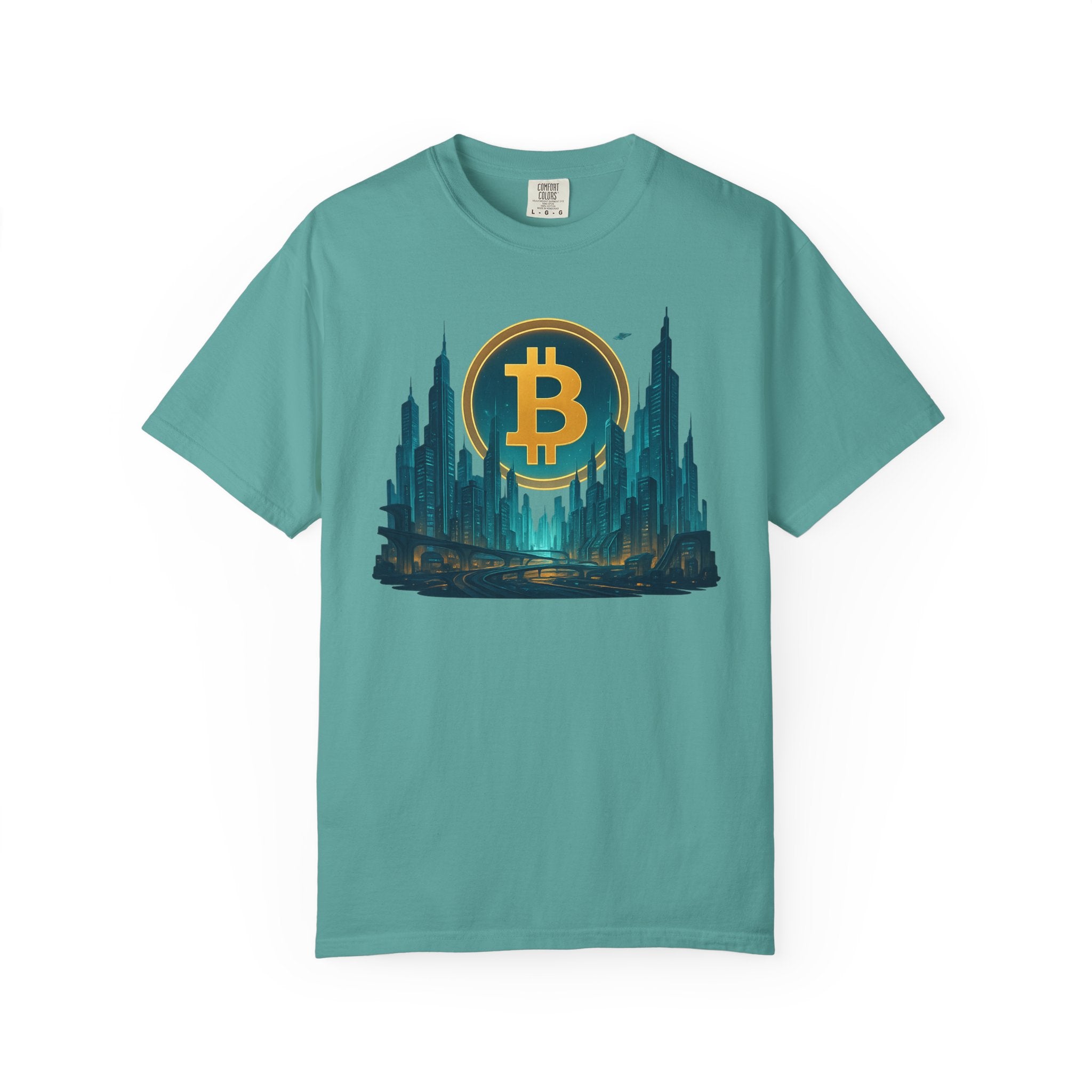 Sats and Stripes Futuristic Bitcoin City T-Shirt Neon Crypto Skyline Tee for Bitcoin Enthusiasts Teal
