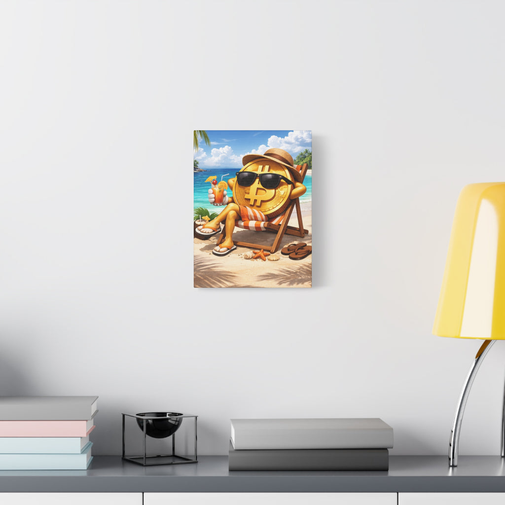 Relaxing Bitcoin Beach Canvas Wall Art Crypto Coastal Decor Luxury Bitcoin Artwork Modern Digital Currency Wall Art 9 x 12