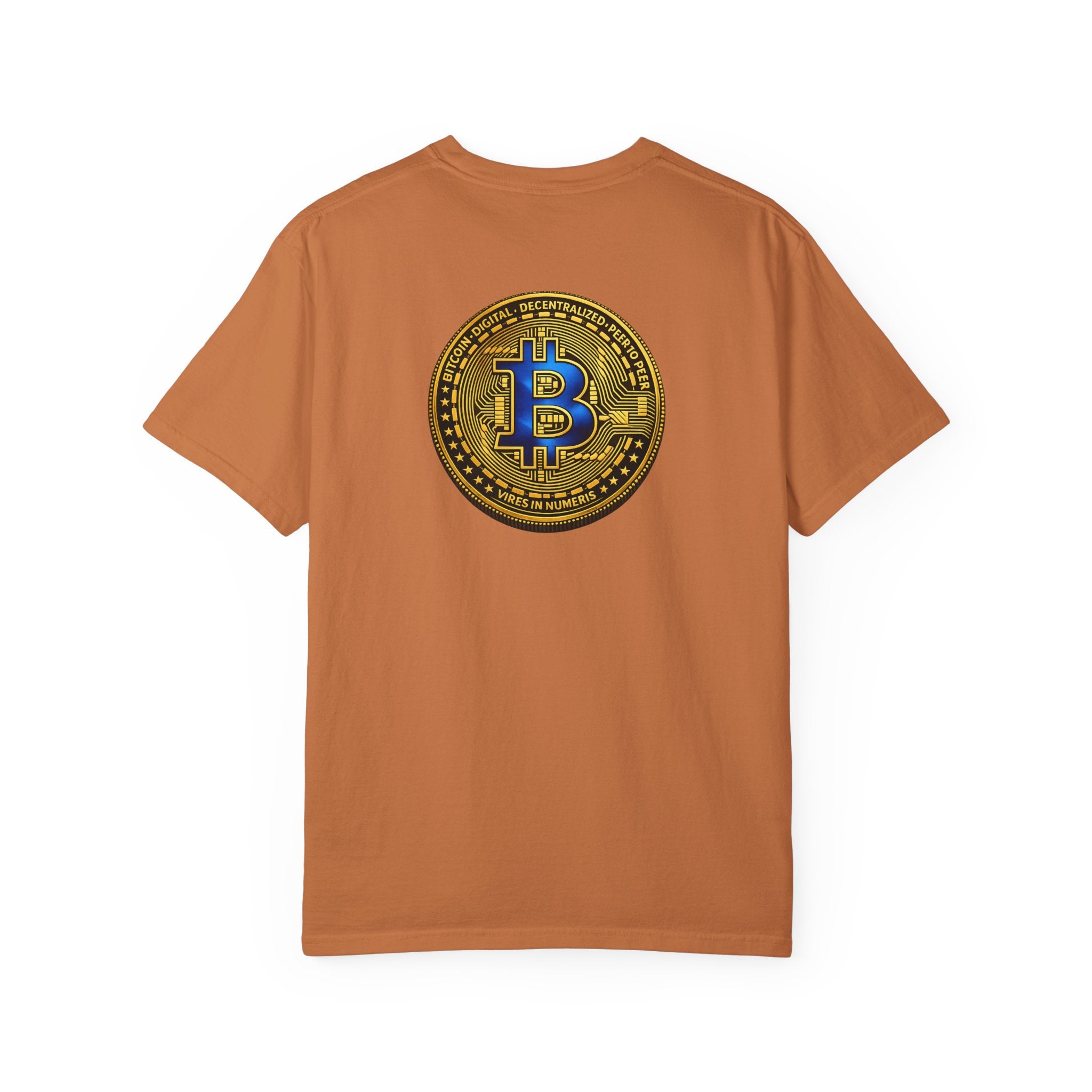 Blaues und goldenes Bitcoin-Münzen-Rückdruck T-Shirt Krypto Dezentrales Grafik-T-Shirt 5 Farben 100% Baumwolle