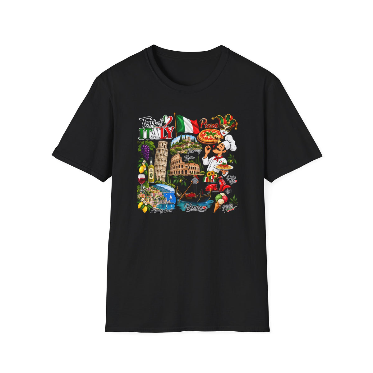 Tour of Italy Unisex T-Shirt – Italian Travel, Pizza, Venice & Rome Graphic Tee 100% cotton Back