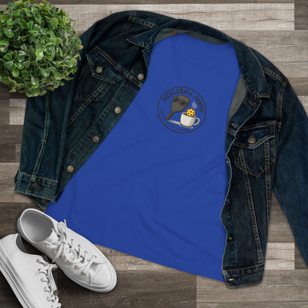 Sats and Stripes Pickleball Junkie Women's Tee Funny Pickleball Shirt Coffee Lover Pickleball Gift Blue