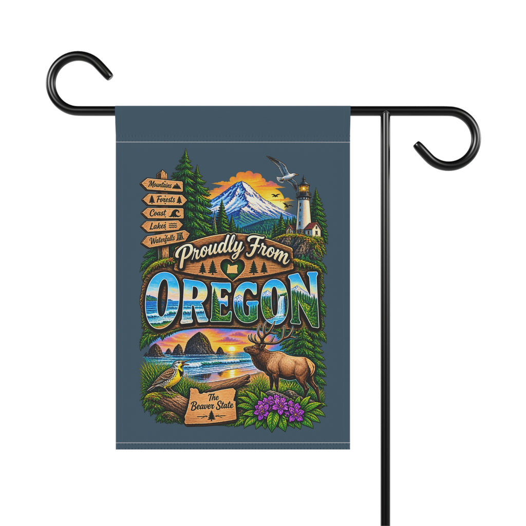 SatsandStripes.com Proudly From Oregon Garden Flag – Pacific Northwest Mountains, Coast, Elk & Evergreen Yard Décor 12 x 18