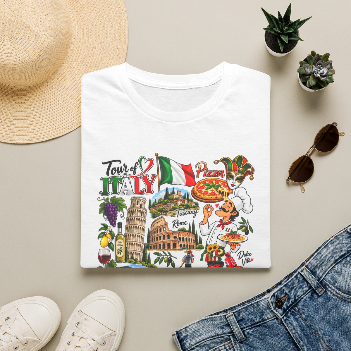 Tour of Italy Unisex T-Shirt – Italian Travel, Pizza, Venice & Rome Graphic Tee White Folded