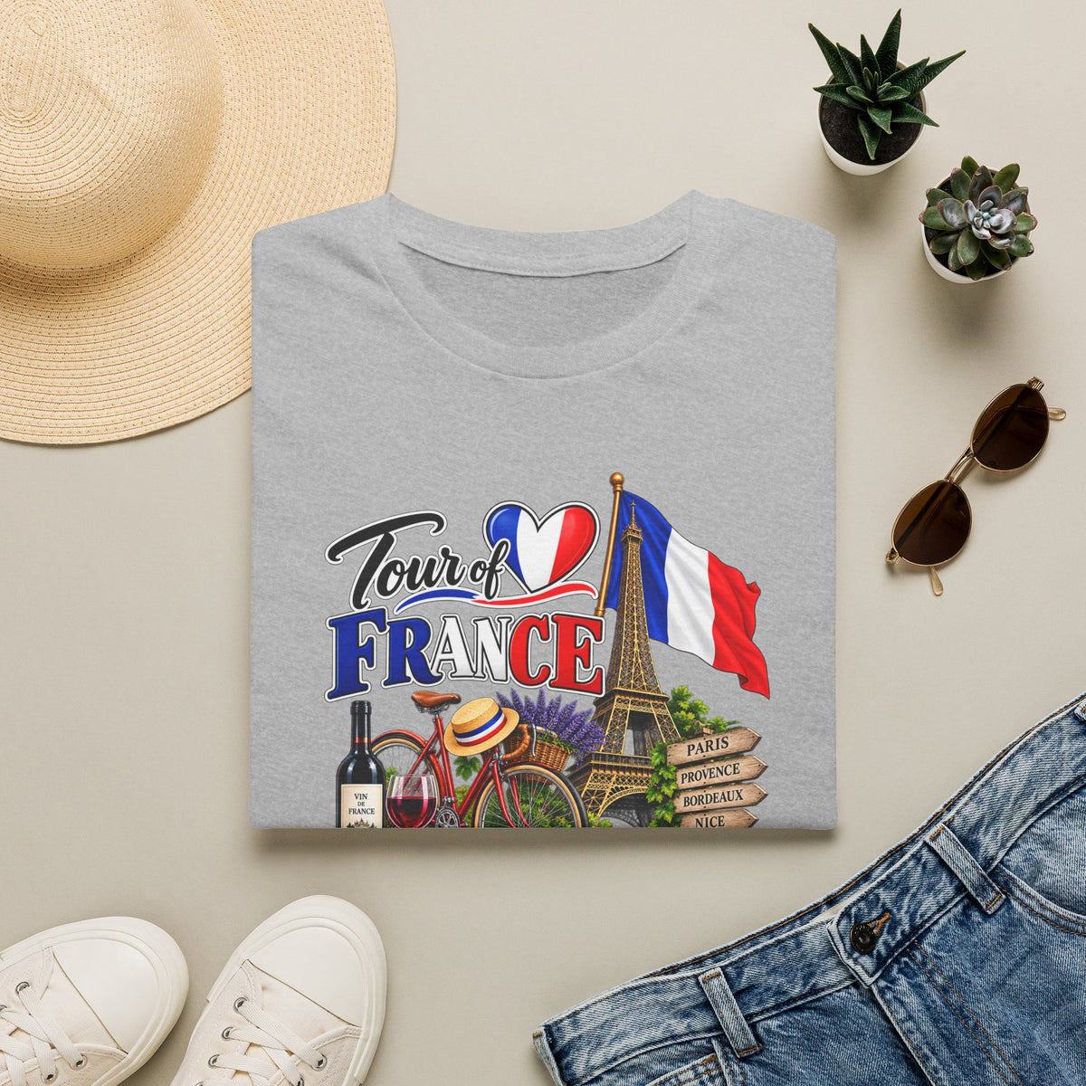 SatsandStripes.com Tour of France Softstyle® T-Shirt – Paris Eiffel Tower French Travel Graphic Tee Grey Folded