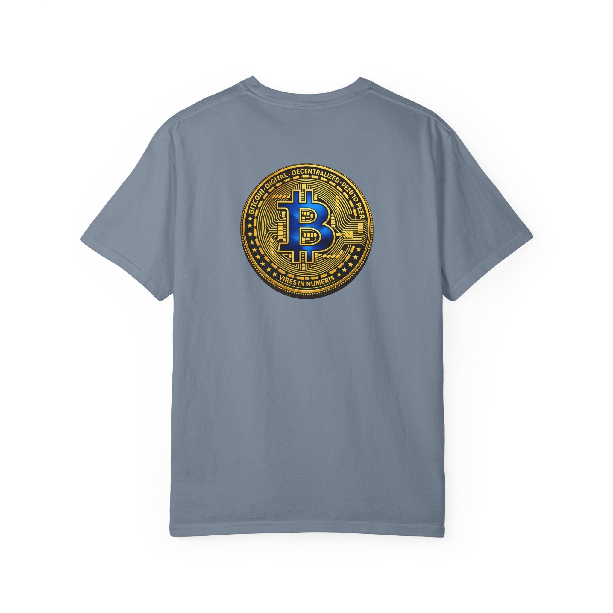 Blaues und goldenes Bitcoin-Münzen-Rückdruck T-Shirt Krypto Dezentrales Grafik-T-Shirt 5 Farben 100% Baumwolle