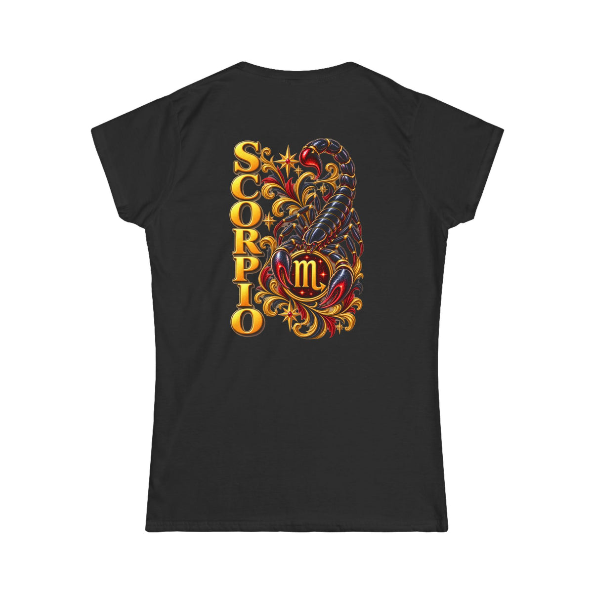 SatsandStripes.com Scorpio Zodiac Women’s SoftStyle T-Shirt – Bold Scorpion Back Print Astrology Tee Black
