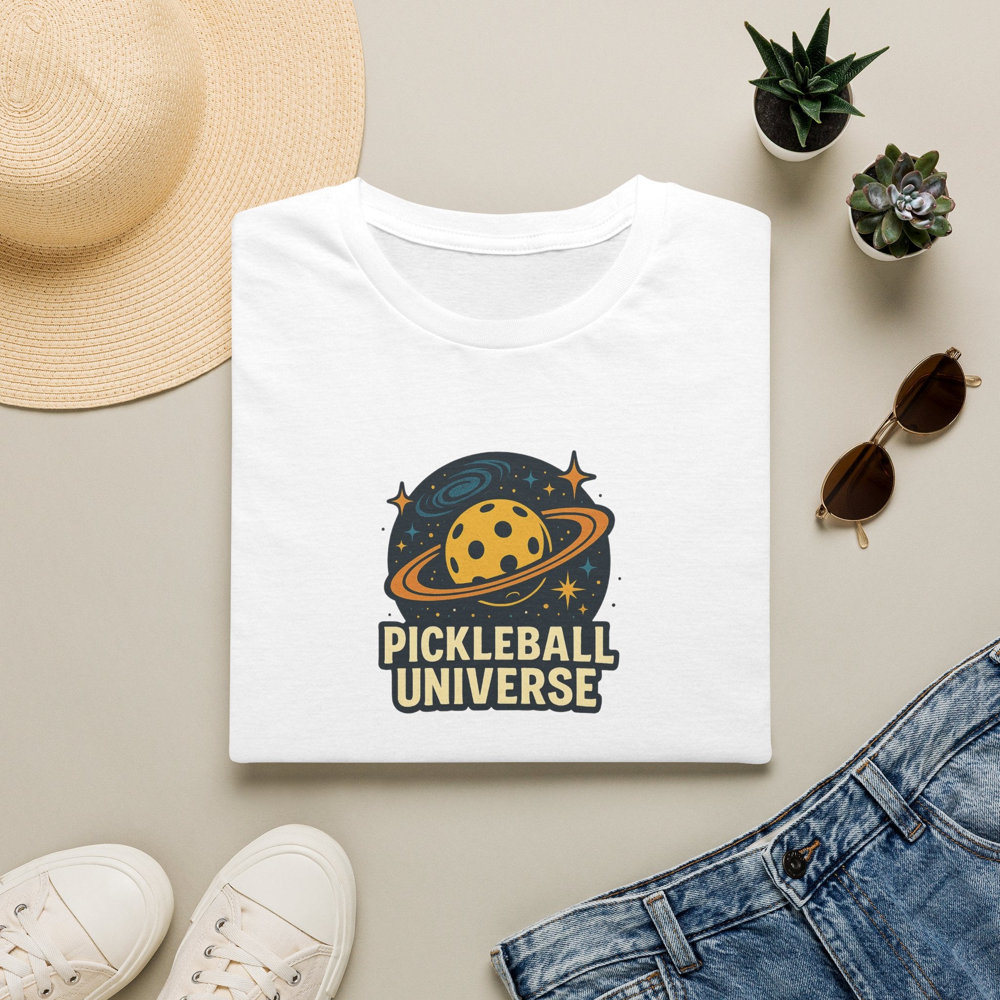 Sats and Stripes Pickleball Universe T-Shirt Fun Space Pickleball Graphic Tee White Folded