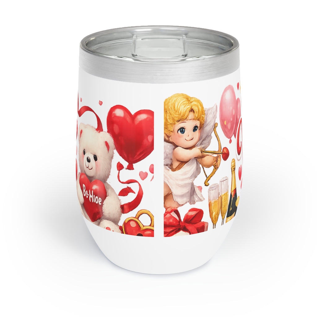 Happy Valentine's Day Wine Tumbler Stainless Steel Insulated Wine Cooler Cute Cupid & Hearts Valentine Gift for Her or Him 12 oz