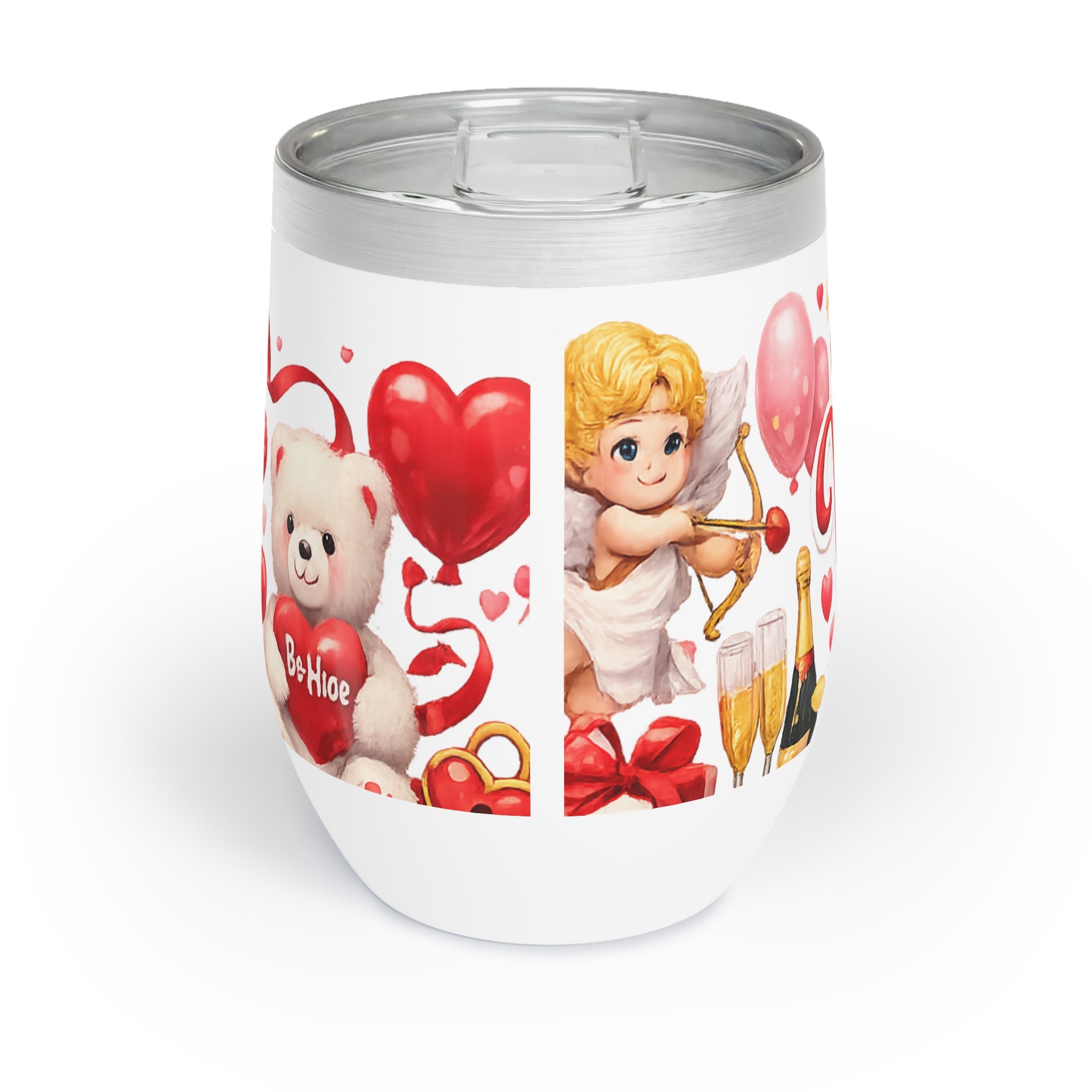 Happy Valentine's Day Wine Tumbler Stainless Steel Insulated Wine Cooler Cute Cupid & Hearts Valentine Gift for Her or Him 12 oz
