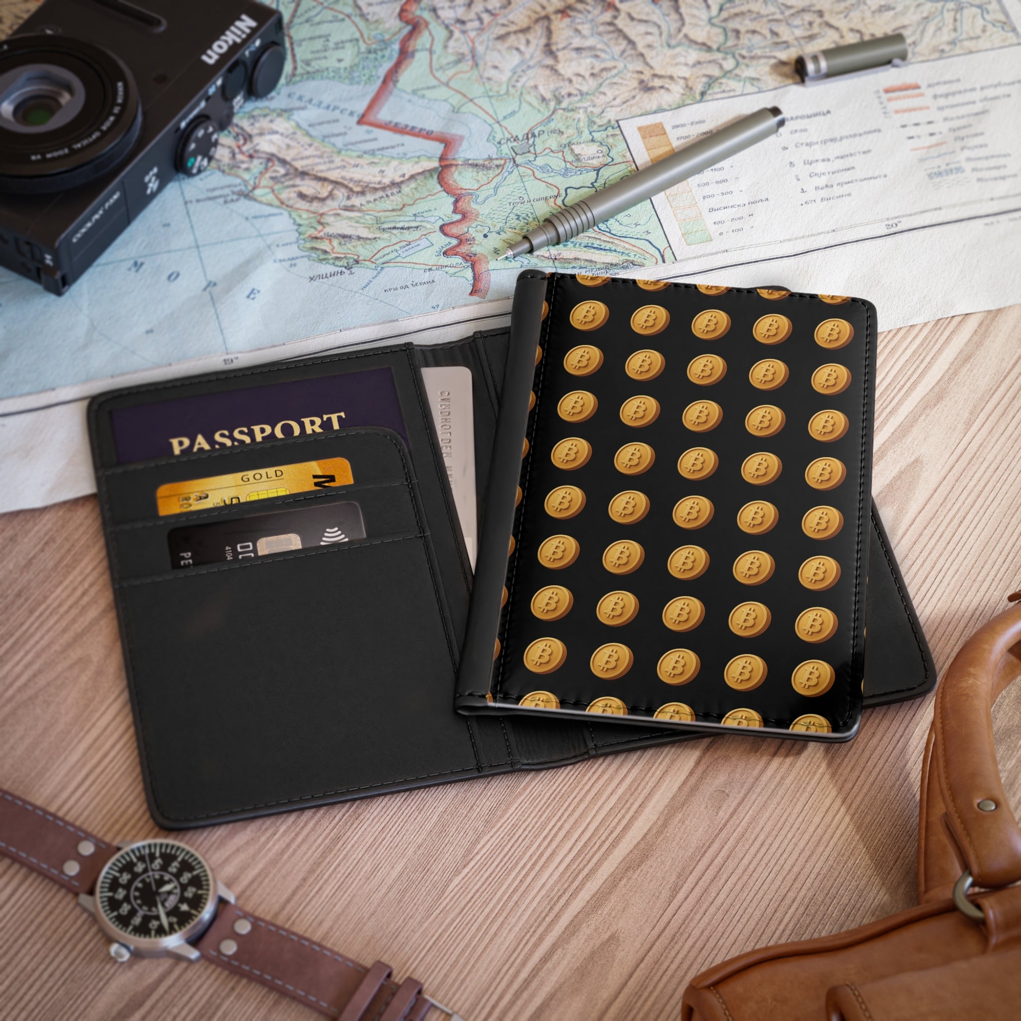 Bitcoin Design Travel Passport Cover RFID-Blocking Vegan PU Leather