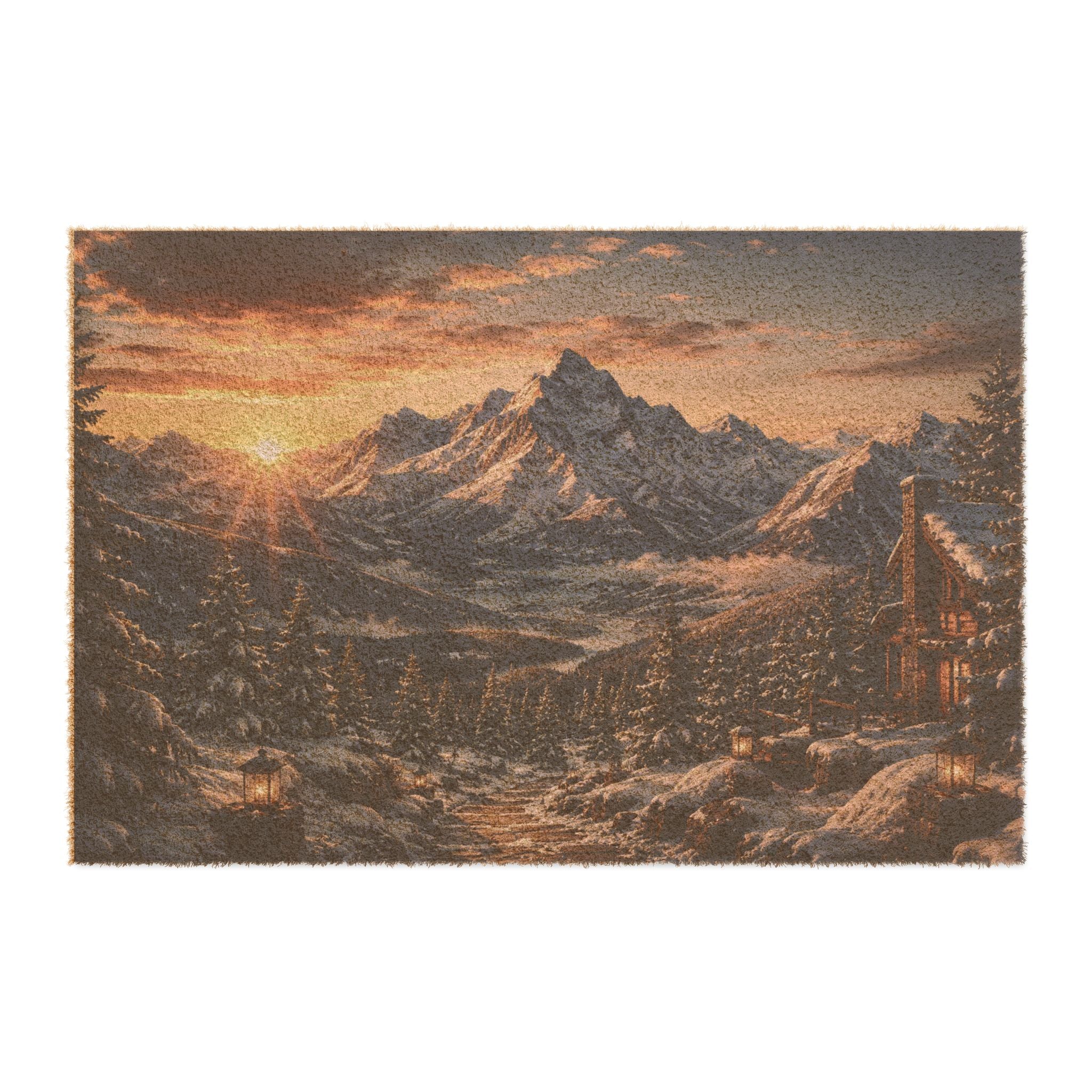 Rustic Snowy Mountain Sunrise Coir Doormat  Winter Cabin Welcome Mat 24" x 16" Outdoor Entry Rug