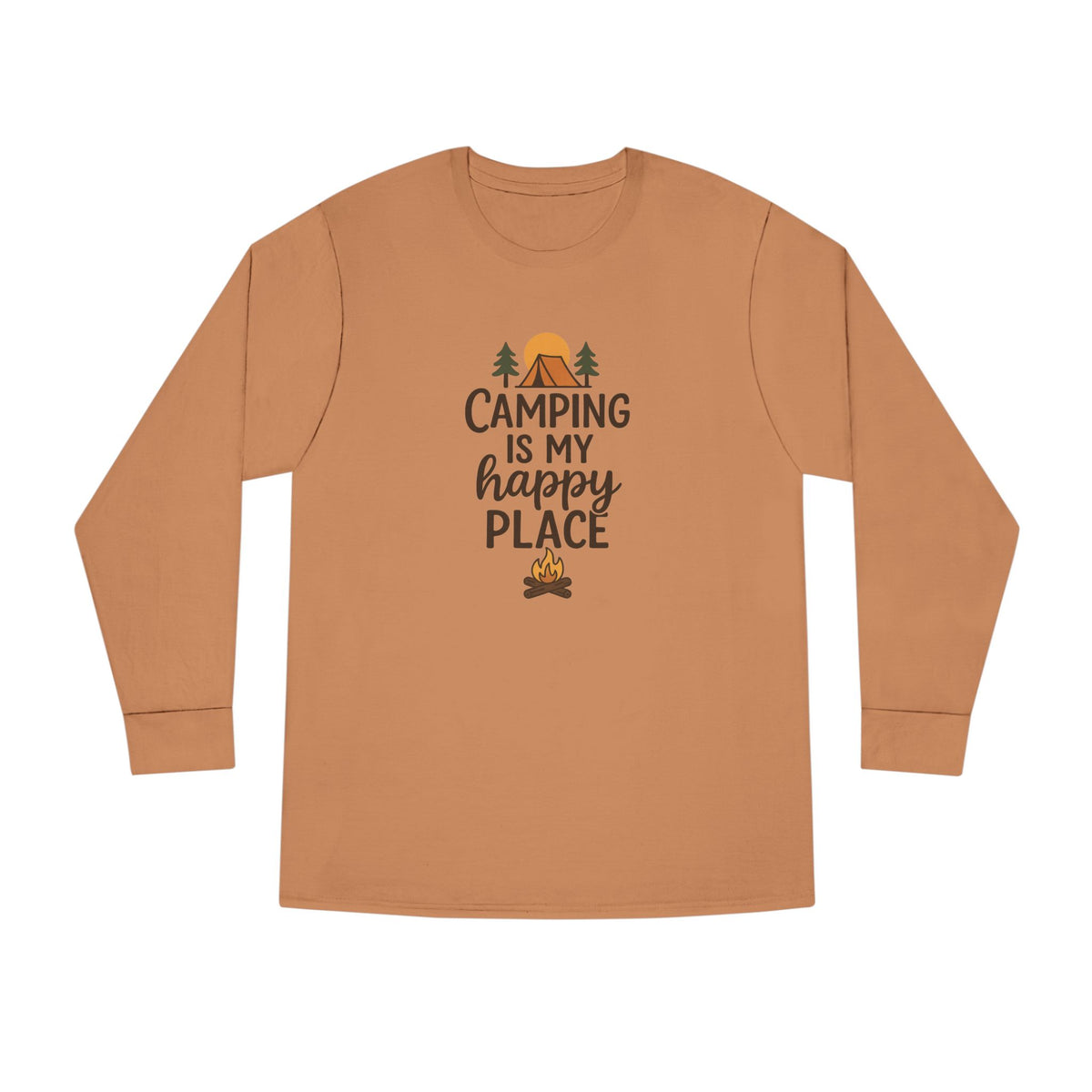 Camping Is My Happy Place Long Sleeve Tee Campfire Trees Sun Outdoor Shirt 4 colors 100% cotton