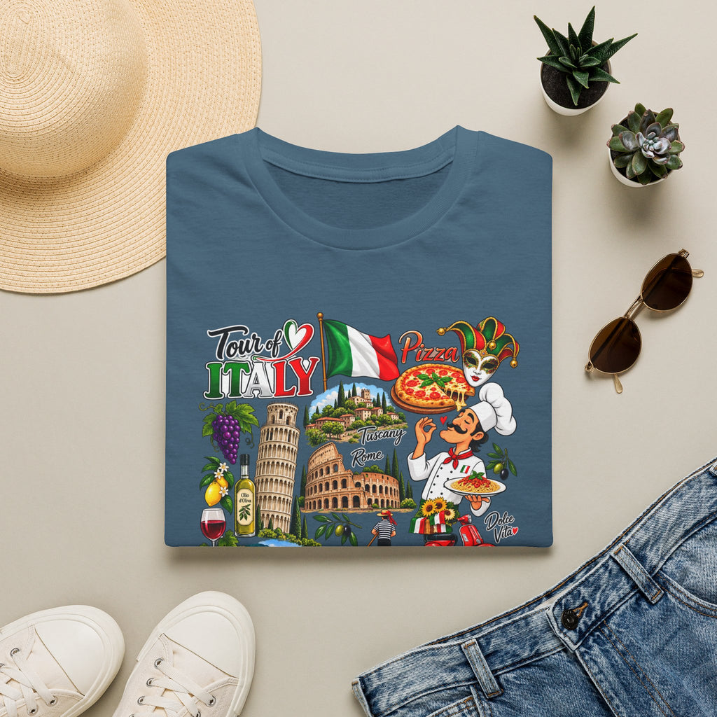 Tour of Italy Unisex T-Shirt – Italian Travel, Pizza, Venice & Rome Graphic Tee Indigo Blue Golded