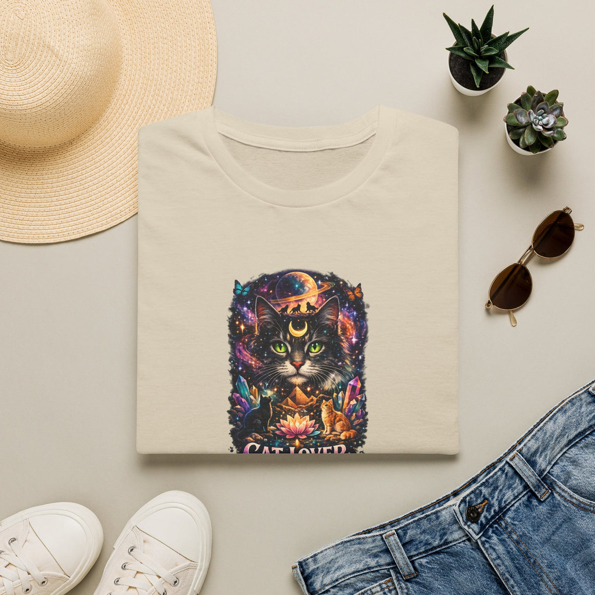SatsandStripes.com Mystical Cat Lover T-Shirt for Women Cat Mom Shirt Gift for Cat Lovers Boho Fantasy Art Top Sand