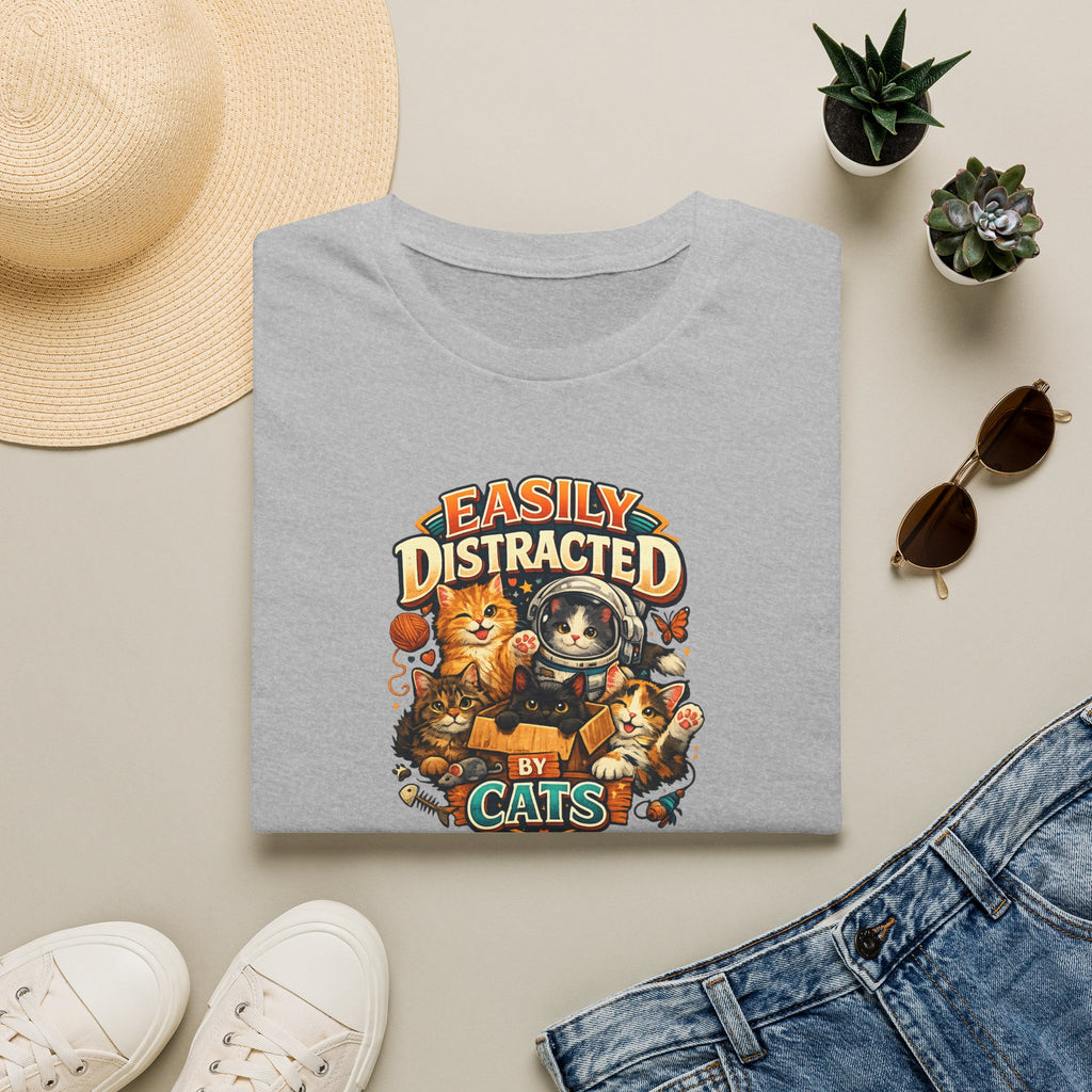 SatsandStripes.com Easily Distracted by Cats T-Shirt Cute Cat Lover Shirt Funny Cat Mom Tee Cozy Pet Lover Gift Grey Folded