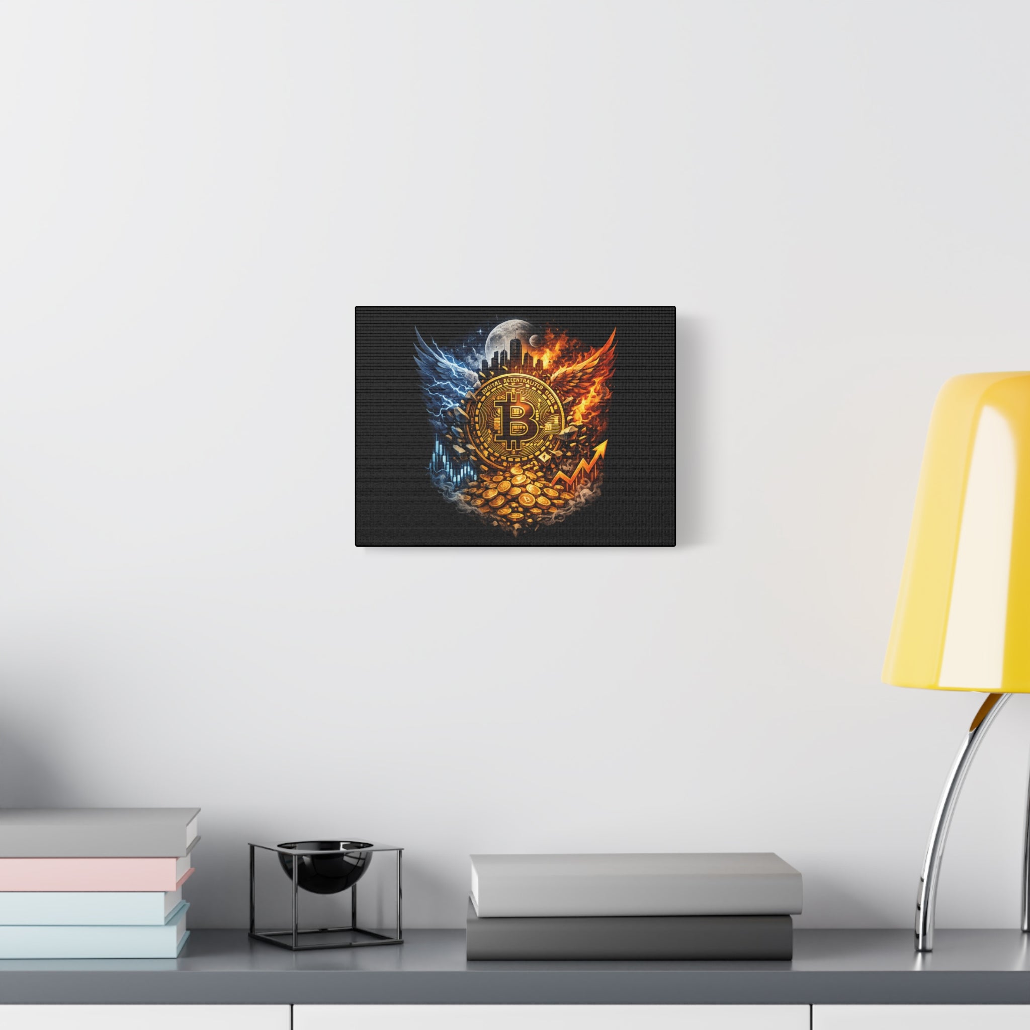 Bitcoin Flame and Ice Crest Canvas Bullish BTC Crypto Artwork Investor Wall Decor Cryptocurrency Canvas for Office 12 x 9