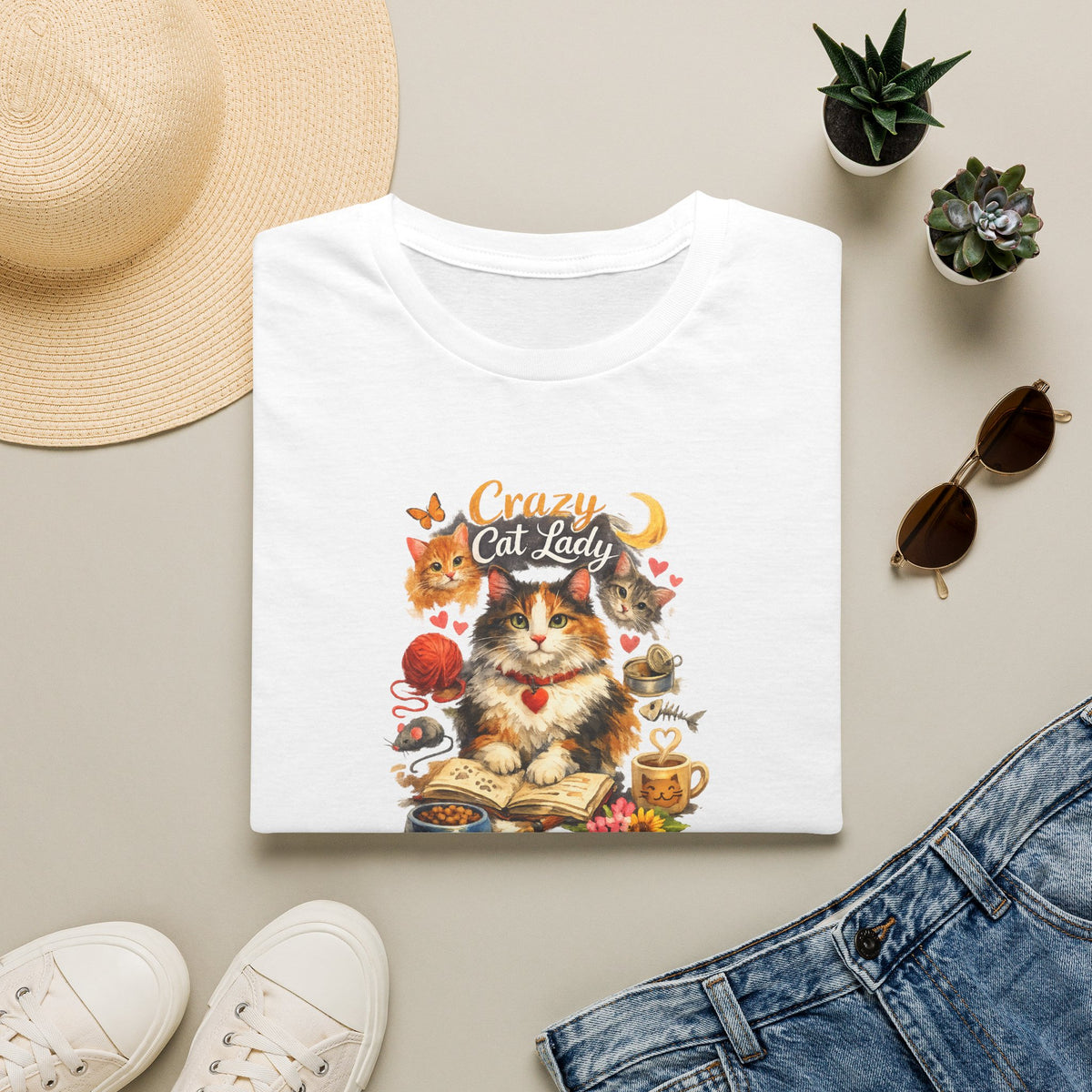 SatsandStripes.com Crazy Cat Lady T-Shirt Cute Cat Mom Graphic Tee Cat Lover Shirt Gift for Cat Moms Whimsical Cat Art Top 8 colors 100% cotton White