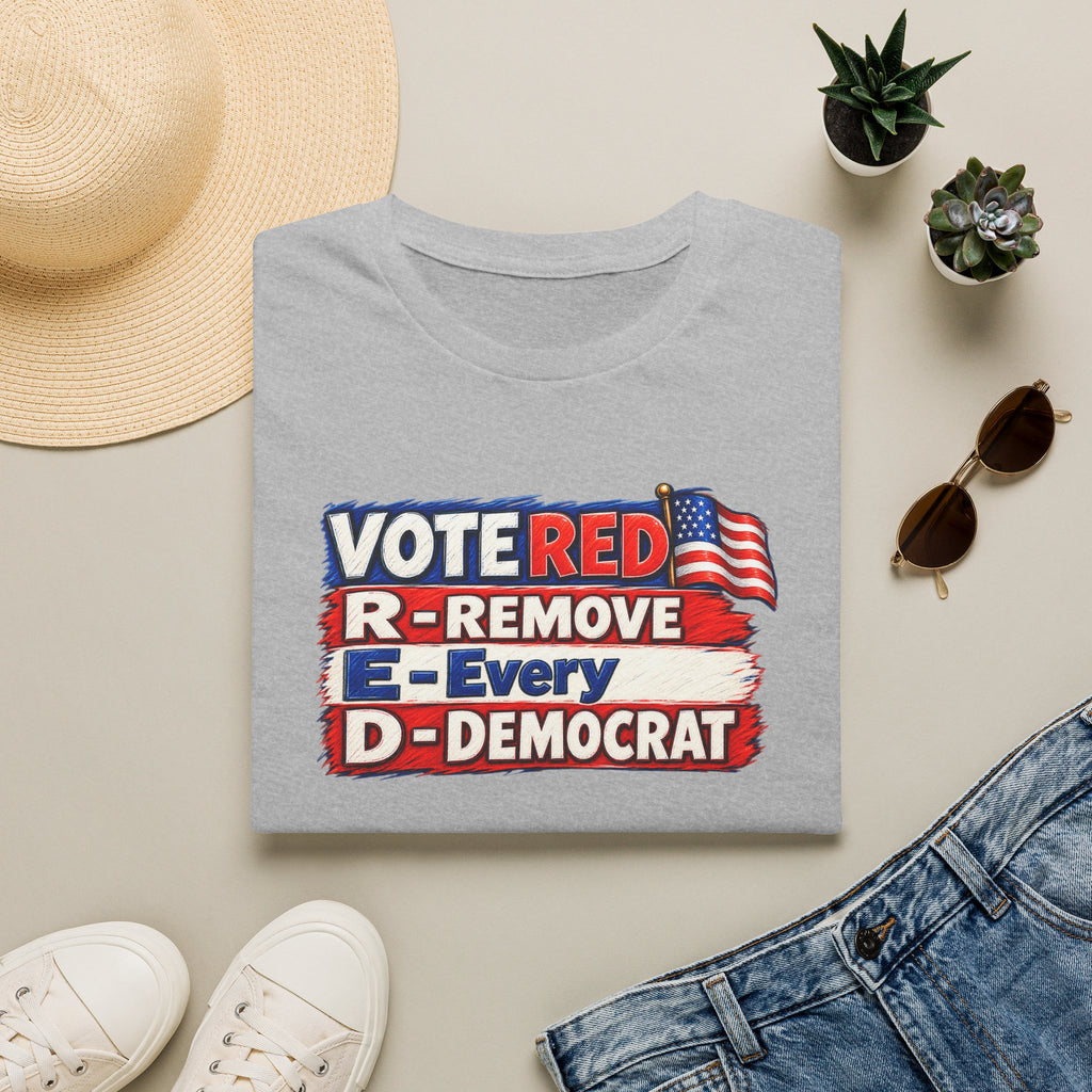 SatsandStripes.com Vote Red R.E.D. Political Graphic Softstyle® T-Shirt – Patriotic Red White & Blue Statement Tee Grey Folded