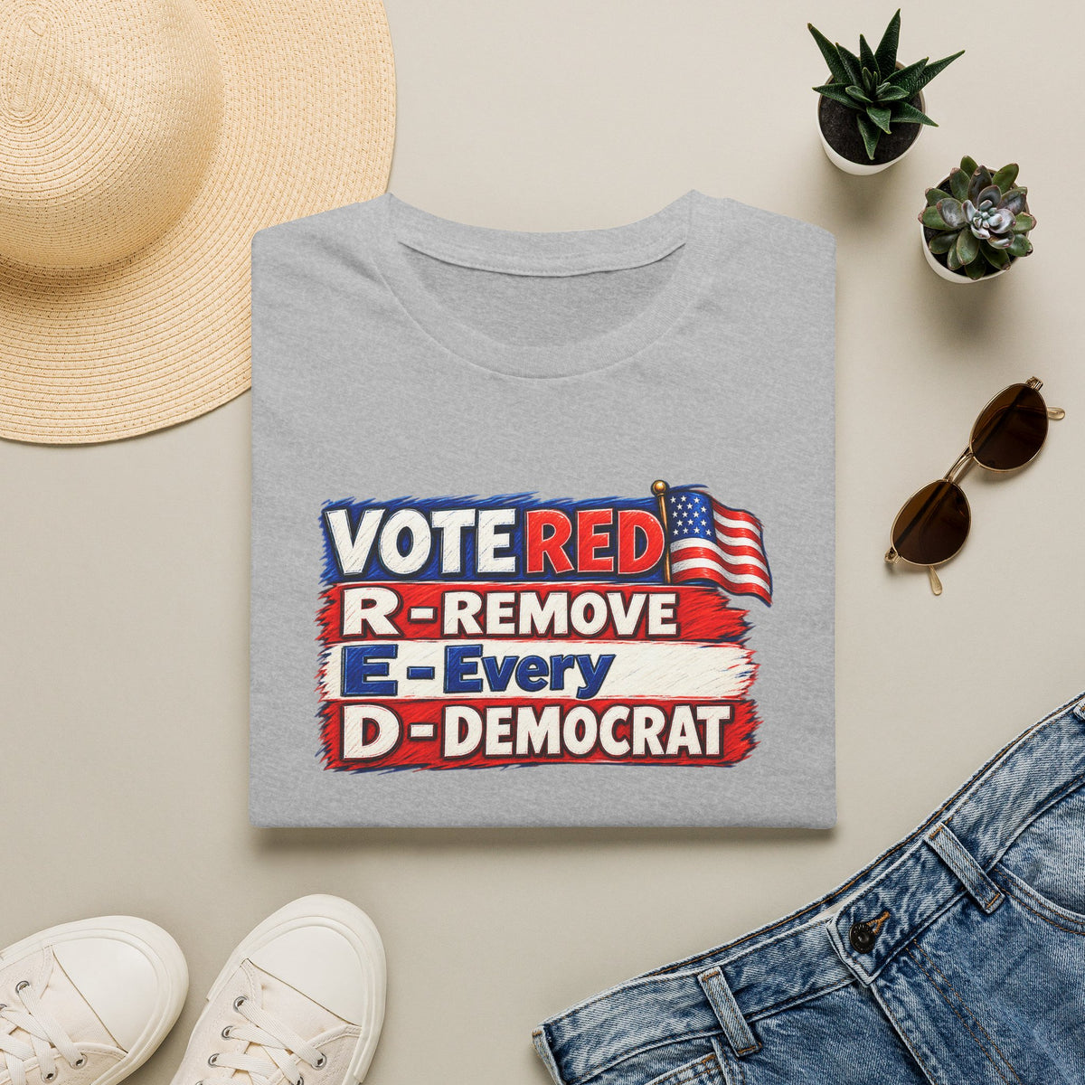 SatsandStripes.com Vote Red R.E.D. Political Graphic Softstyle® T-Shirt – Patriotic Red White & Blue Statement Tee Grey Folded