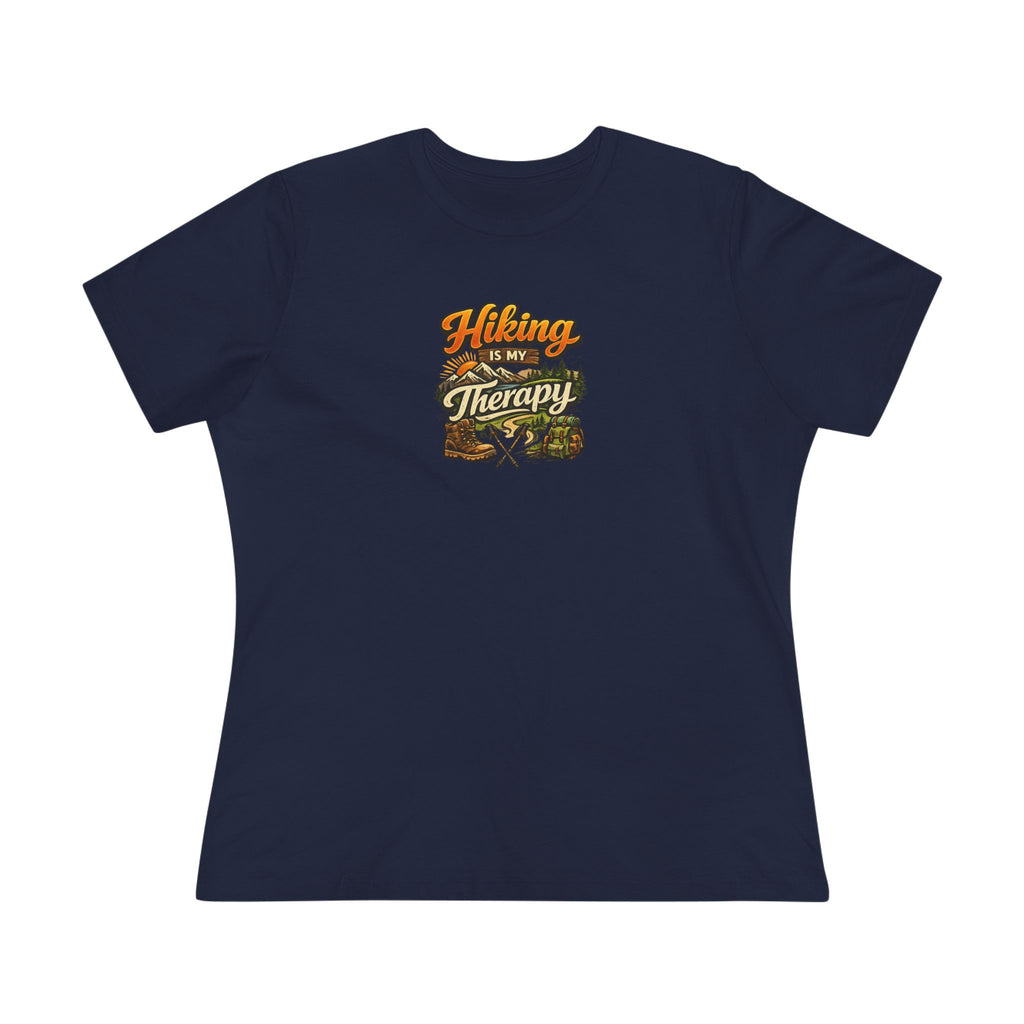 Sats and Stripes Hiking Is My Therapy Women's Shirt Funny Hiking Lover Tee  Navy