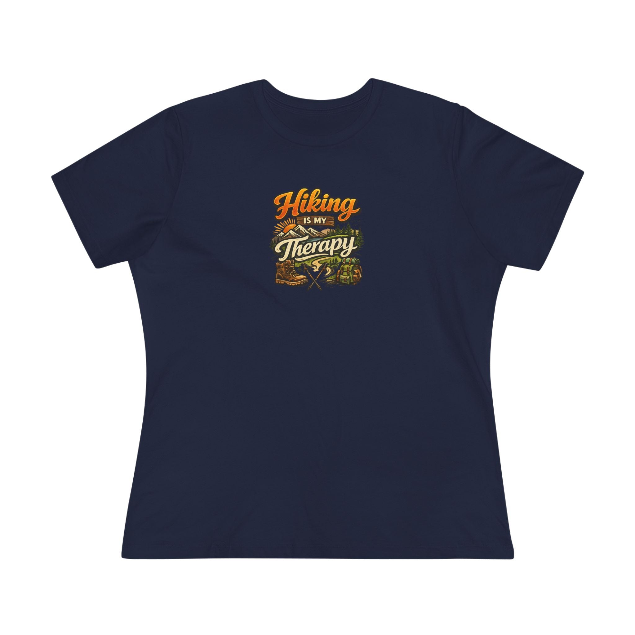 Sats and Stripes Hiking Is My Therapy Women's Shirt Funny Hiking Lover Tee  Navy