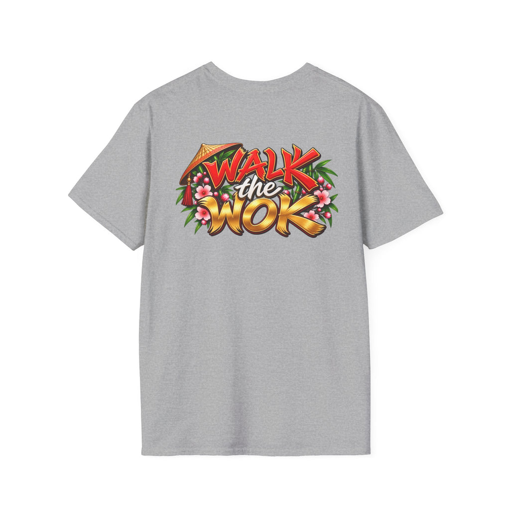 SatsandStripes.com Walk the Wok Softstyle® T-Shirt – Funny Asian Food Lover Tee Chinese Cooking Pun Shirt Unisex Chef Gift Grey