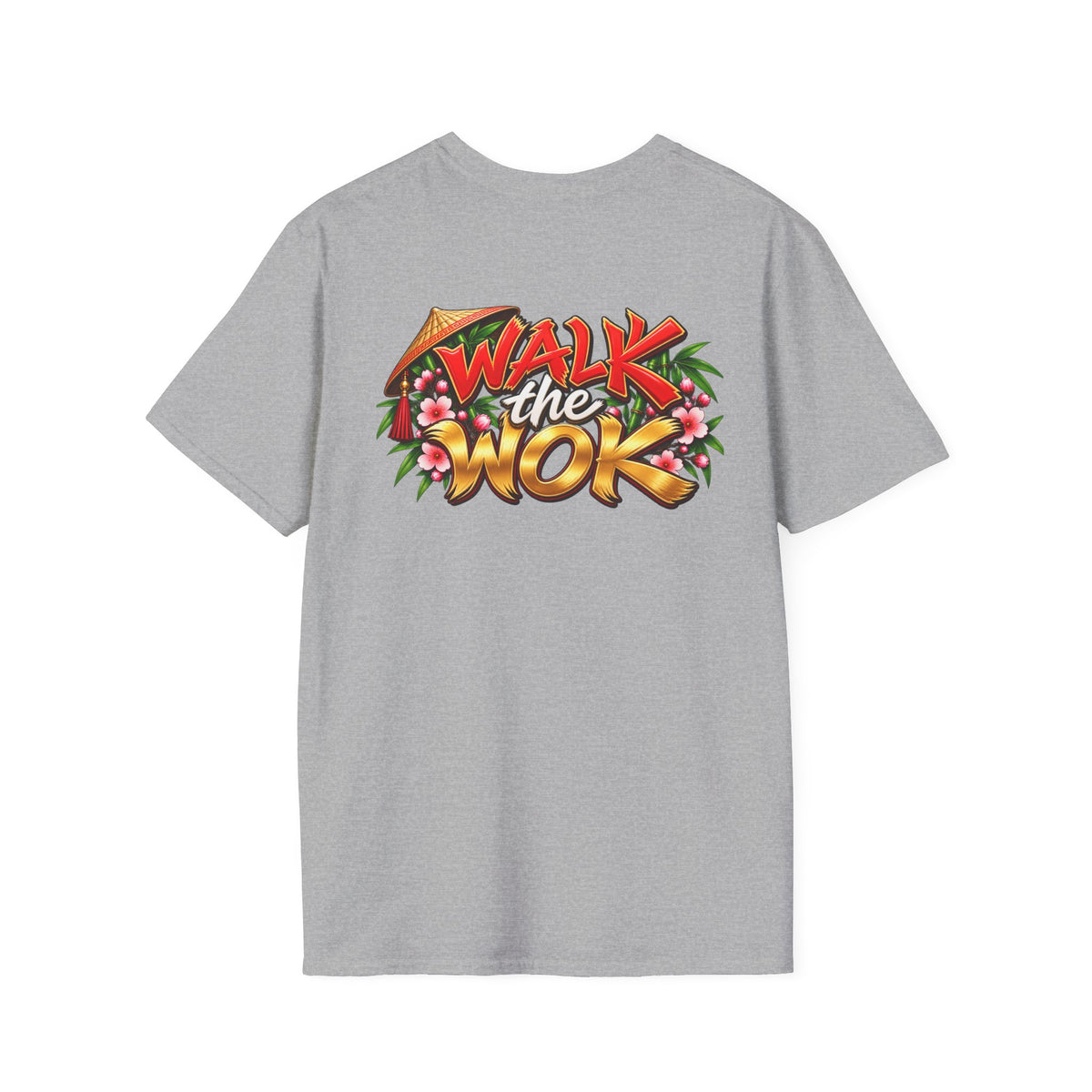 SatsandStripes.com Walk the Wok Softstyle® T-Shirt – Funny Asian Food Lover Tee Chinese Cooking Pun Shirt Unisex Chef Gift Grey