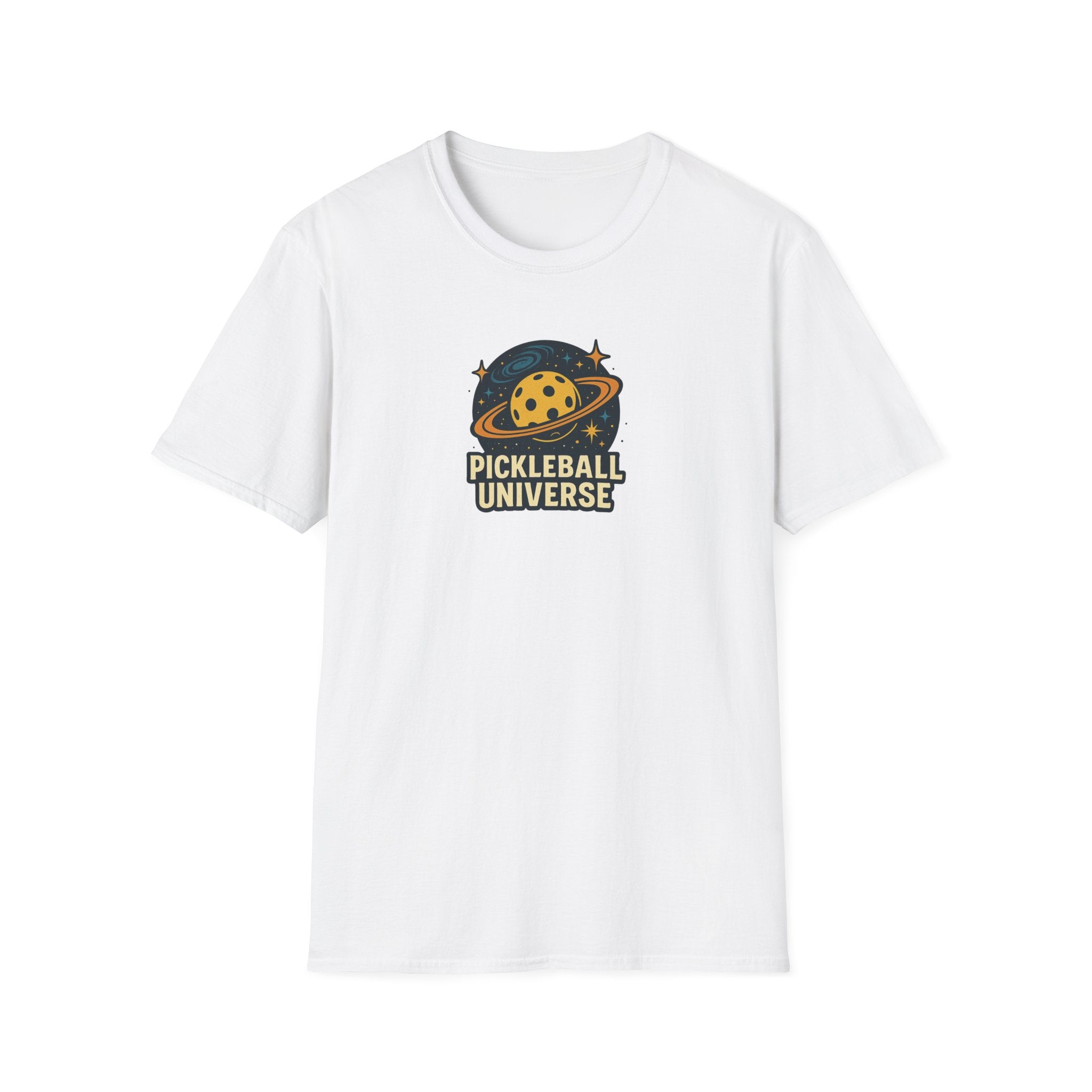 Sats and Stripes Pickleball Universe T-Shirt Fun Space Pickleball Graphic Tee White