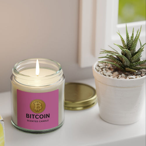 Sats and Stripes Bitcoin Logo Coconut-Apricot Wax Candle 4 oz & 9 oz Pink Label Clear Jar in context 2