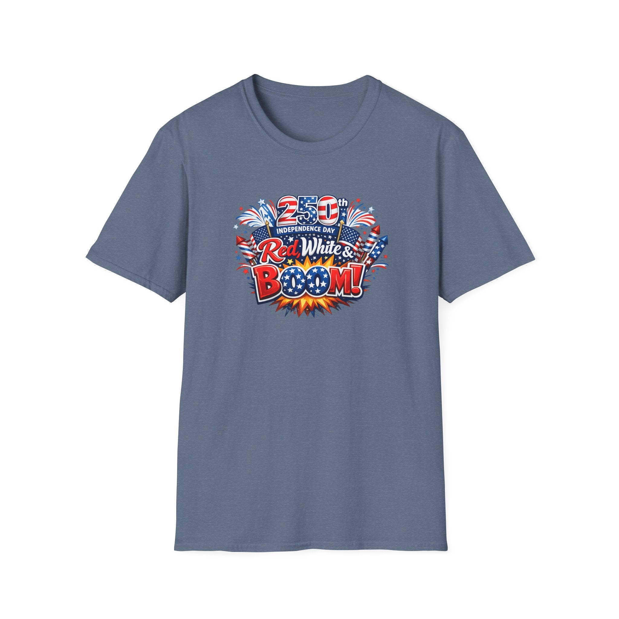 Sats and Stripes Red White & Boom 250th Anniversary Tee Patriotic 4th of July Fireworks Tee USA Denim