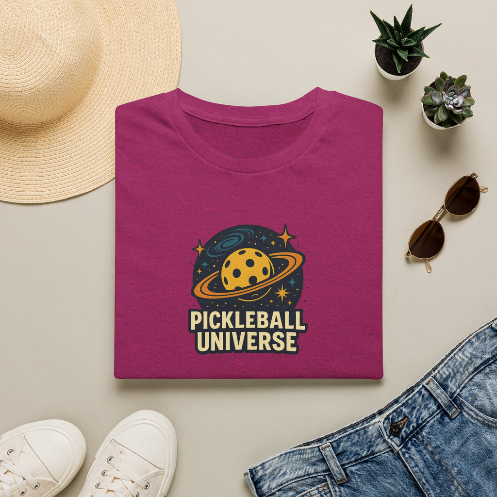 Sats and Stripes Pickleball Universe T-Shirt Fun Space Pickleball Graphic Tee Plum Folded