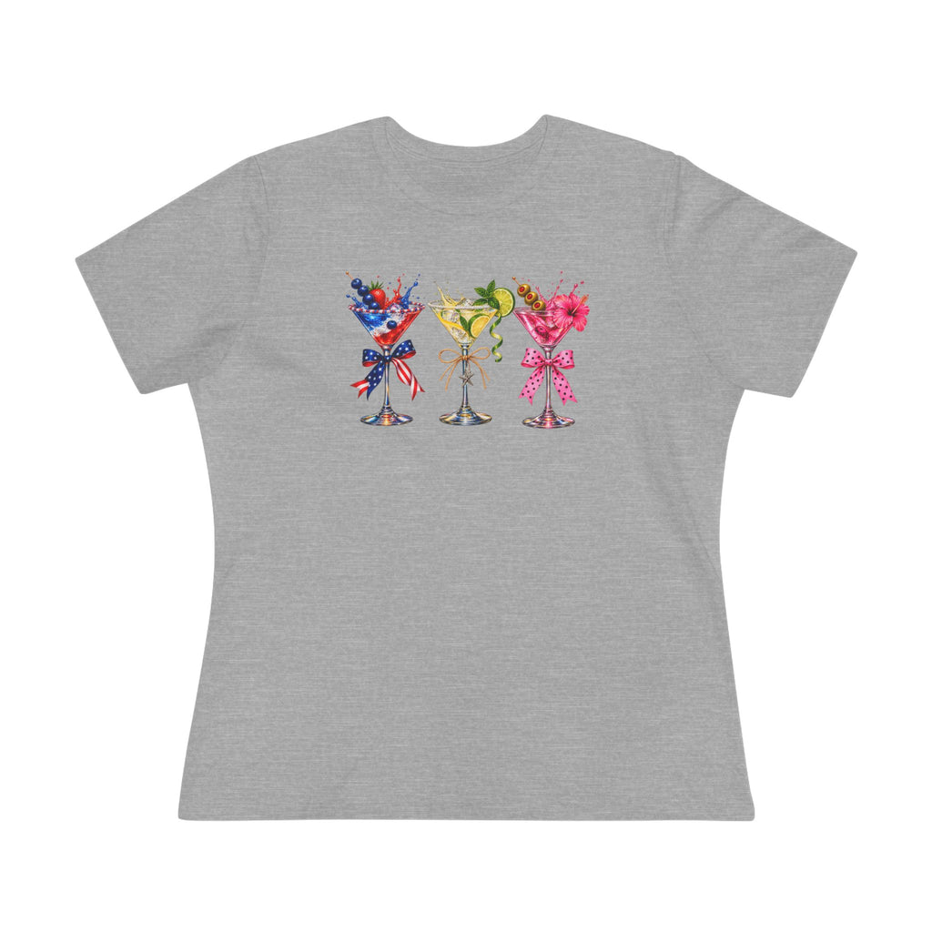 SatsandStripes.com Three Martini Glasses Women's T-Shirt Colorful Cocktail Lover Graphic Tee Grey