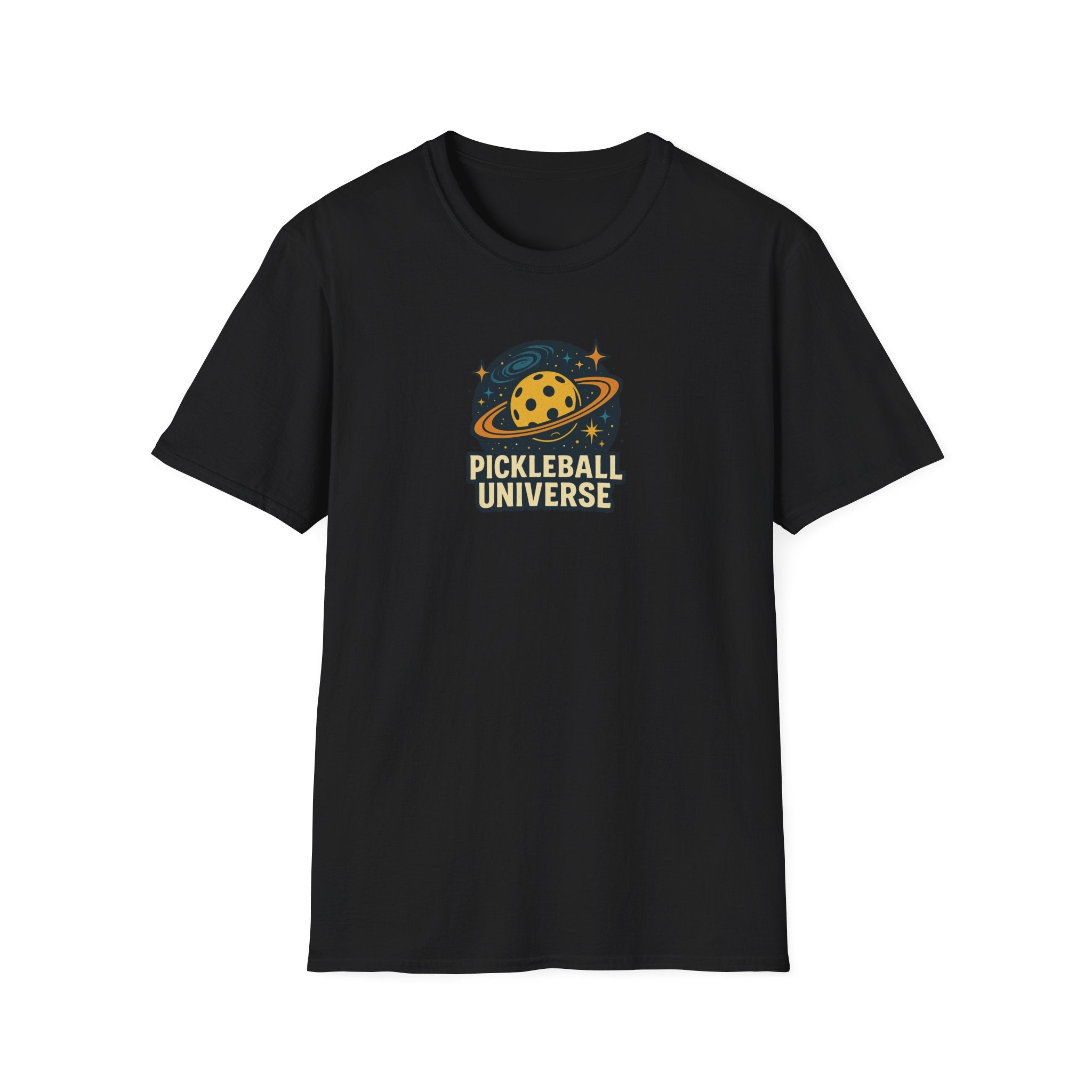 Sats and Stripes Pickleball Universe T-Shirt Fun Space Pickleball Graphic Tee Black