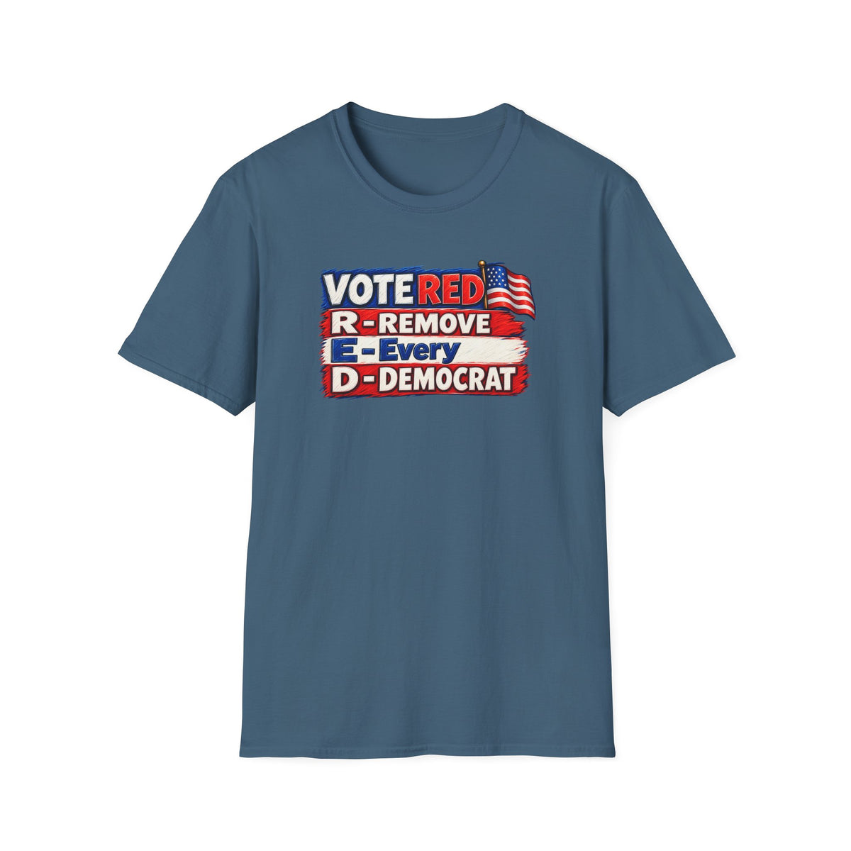 SatsandStripes.com Vote Red R.E.D. Political Graphic Softstyle® T-Shirt – Patriotic Red White & Blue Statement Tee Indigo Blue