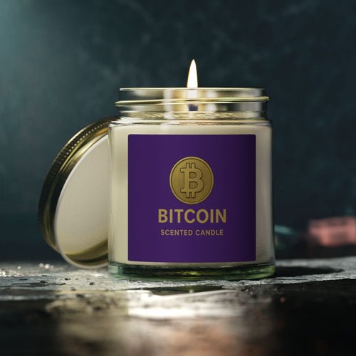 Sats and Stripes Bitcoin Logo Coconut-Apricot Wax Candle 4 oz & 9 oz Purple Label Clear Jar