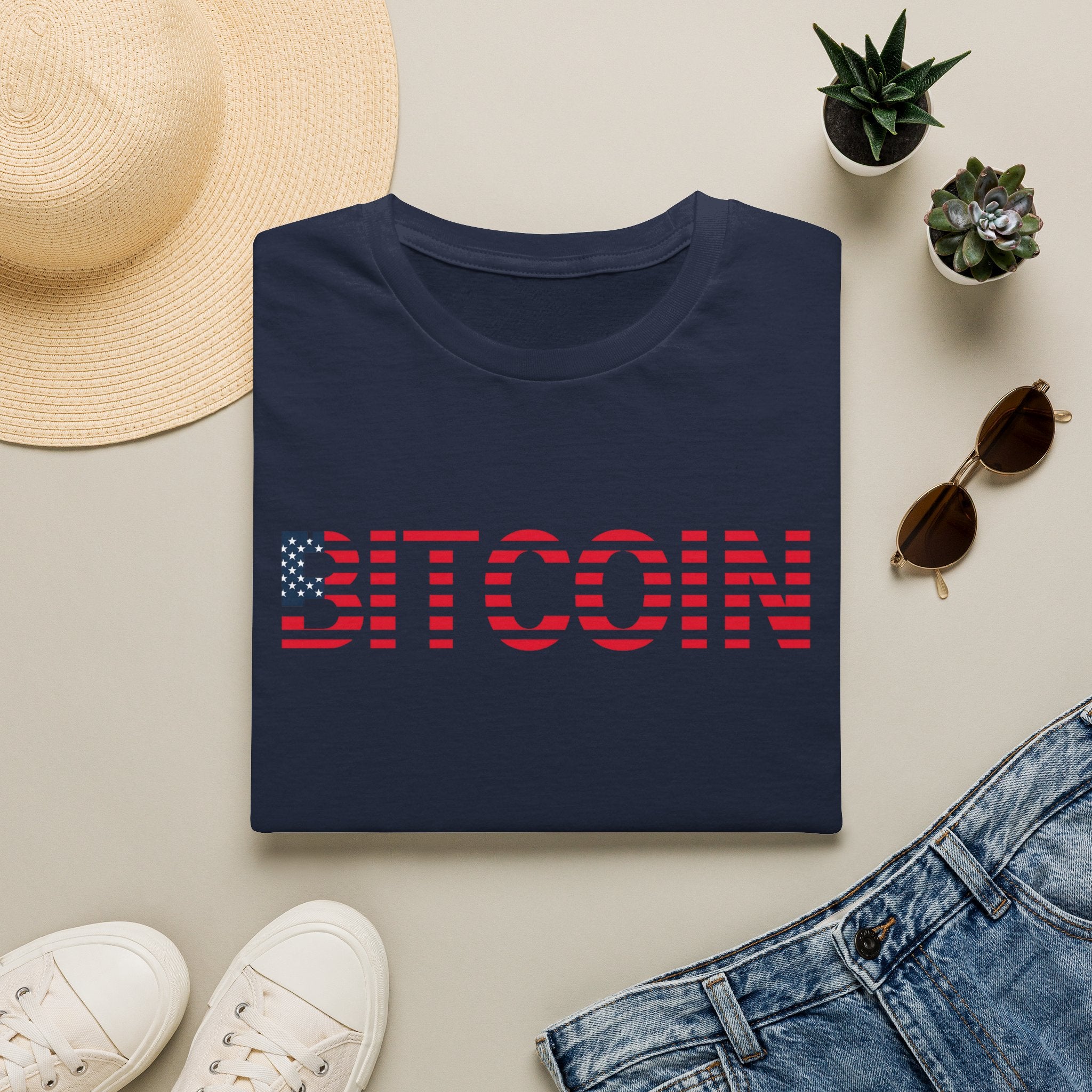 Sats and Stripes Patriotic Bitcoin & Freedom Stars Stripes and Sound Money T-shirt Navy Folded
